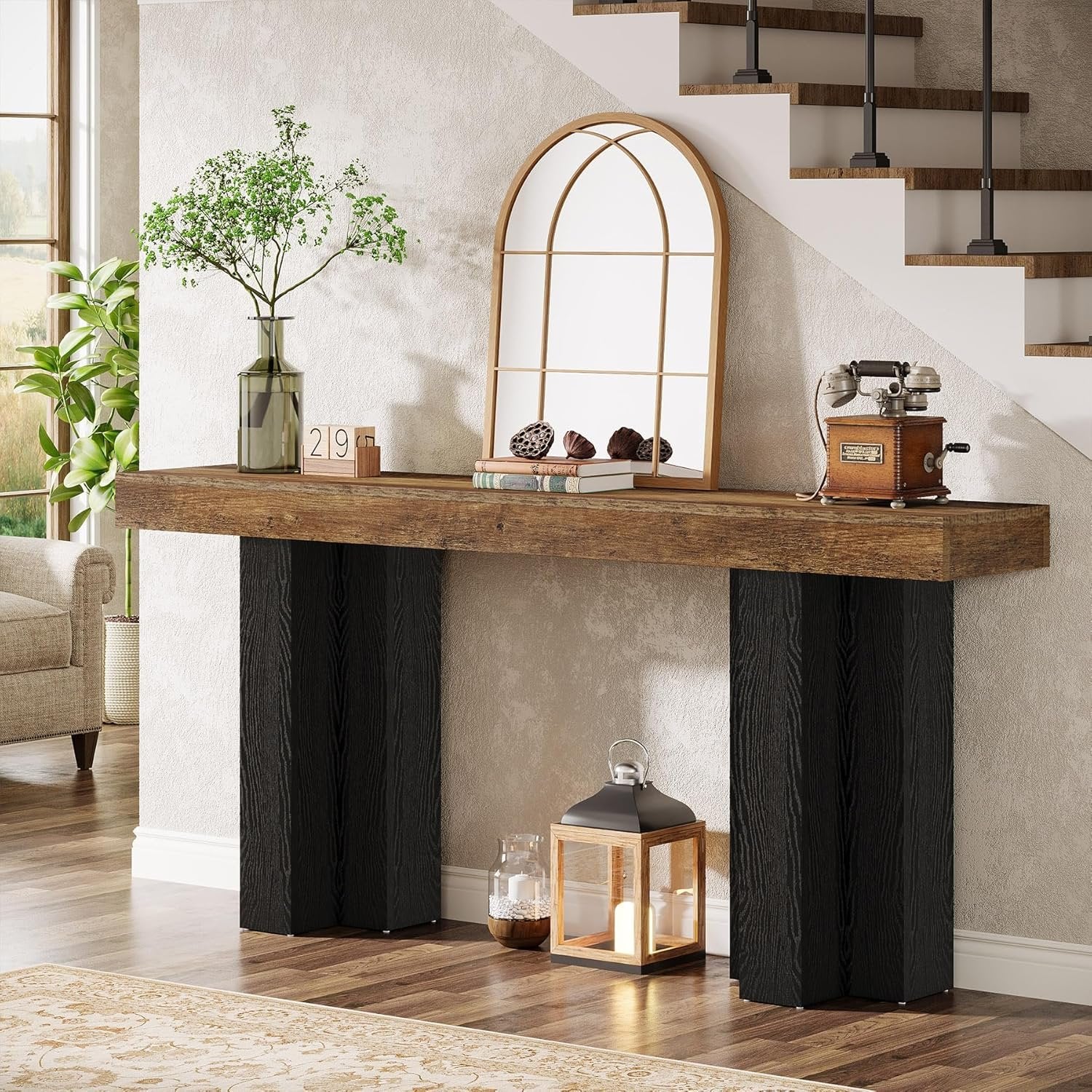 Tribesigns Consola de estilo rústico de 160 cm, Mesa de recibidor marrón con patas robustas para salón y entrada