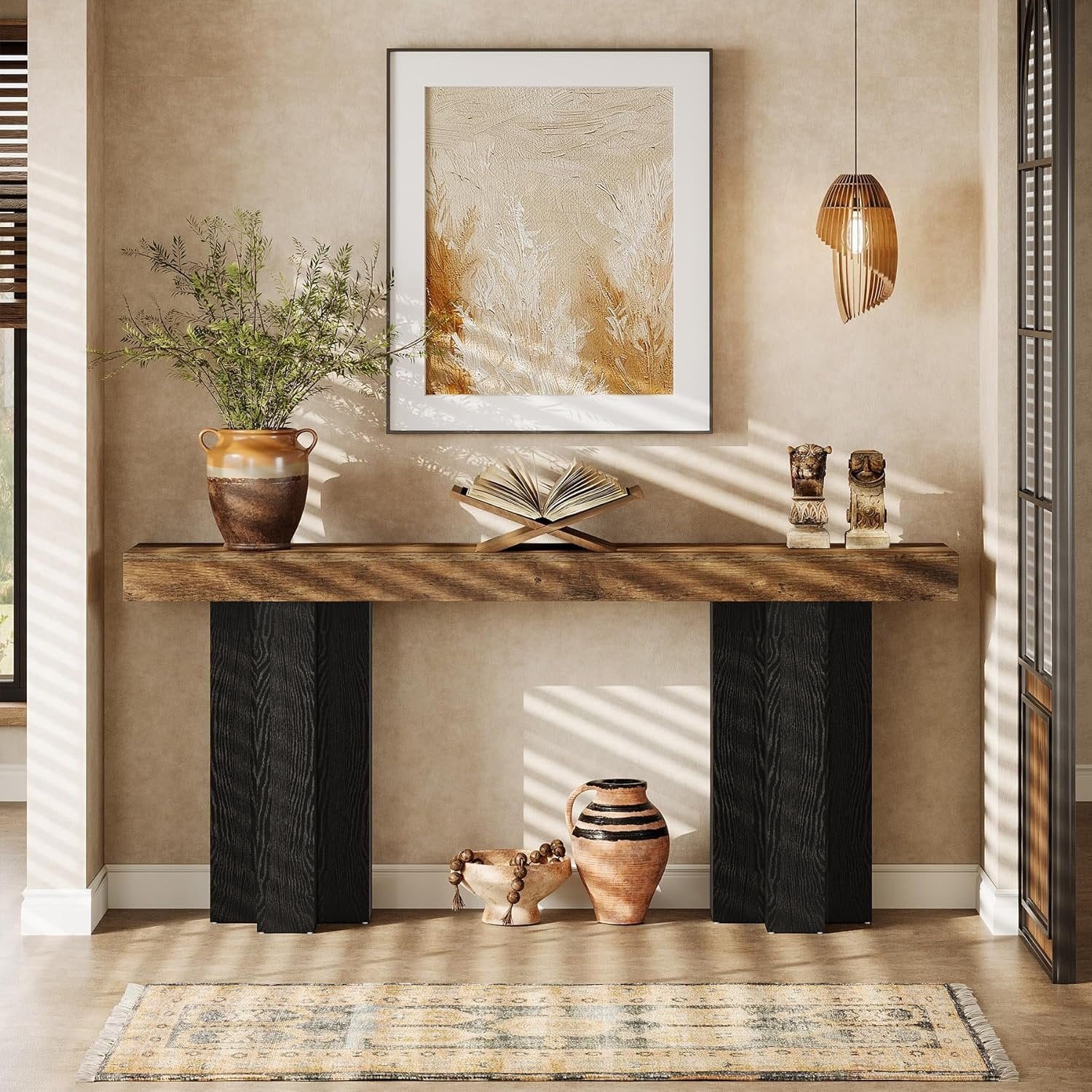 Tribesigns Consola de estilo rústico de 160 cm, Mesa de recibidor marrón con patas robustas para salón y entrada