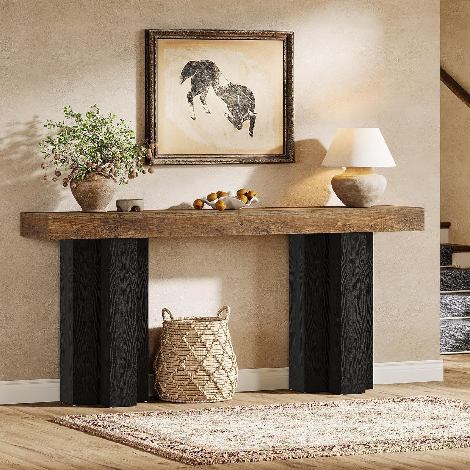 Tribesigns Consola de estilo rústico de 160 cm, Mesa de recibidor marrón con patas robustas para salón y entrada