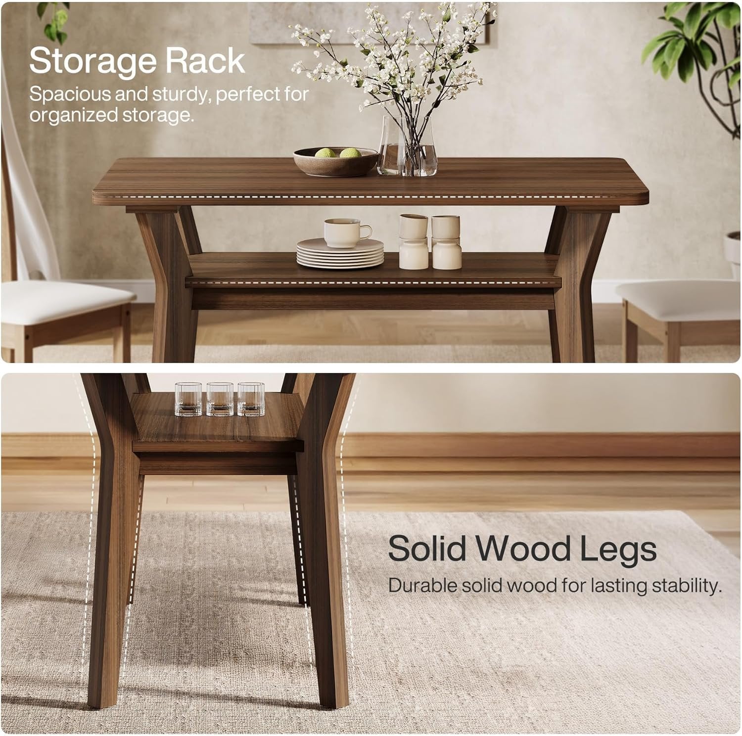 Tribesigns Mesa de Comedor 120 cm para 4 Personas, Mesa de Cocina Rectangular con 2 Estantes de Almacenamiento