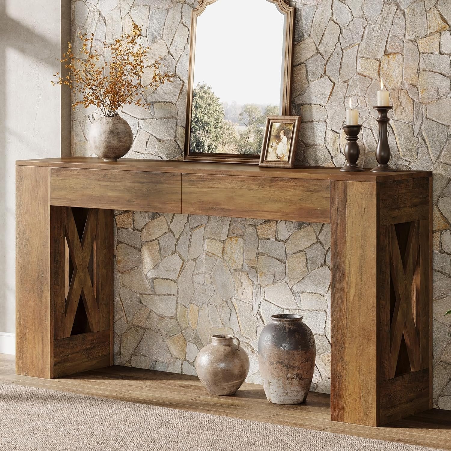 Tribesigns Consola de estilo rústico de 160 cm, Mesa de recibidor estrecha con 2 cajones y diseño de patas en X