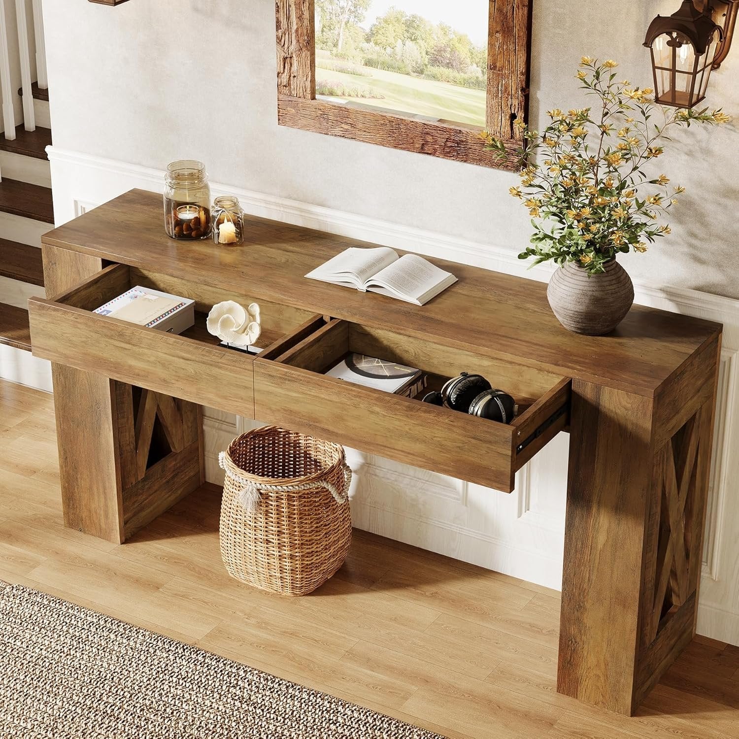 Tribesigns Consola de estilo rústico de 160 cm, Mesa de recibidor estrecha con 2 cajones y diseño de patas en X
