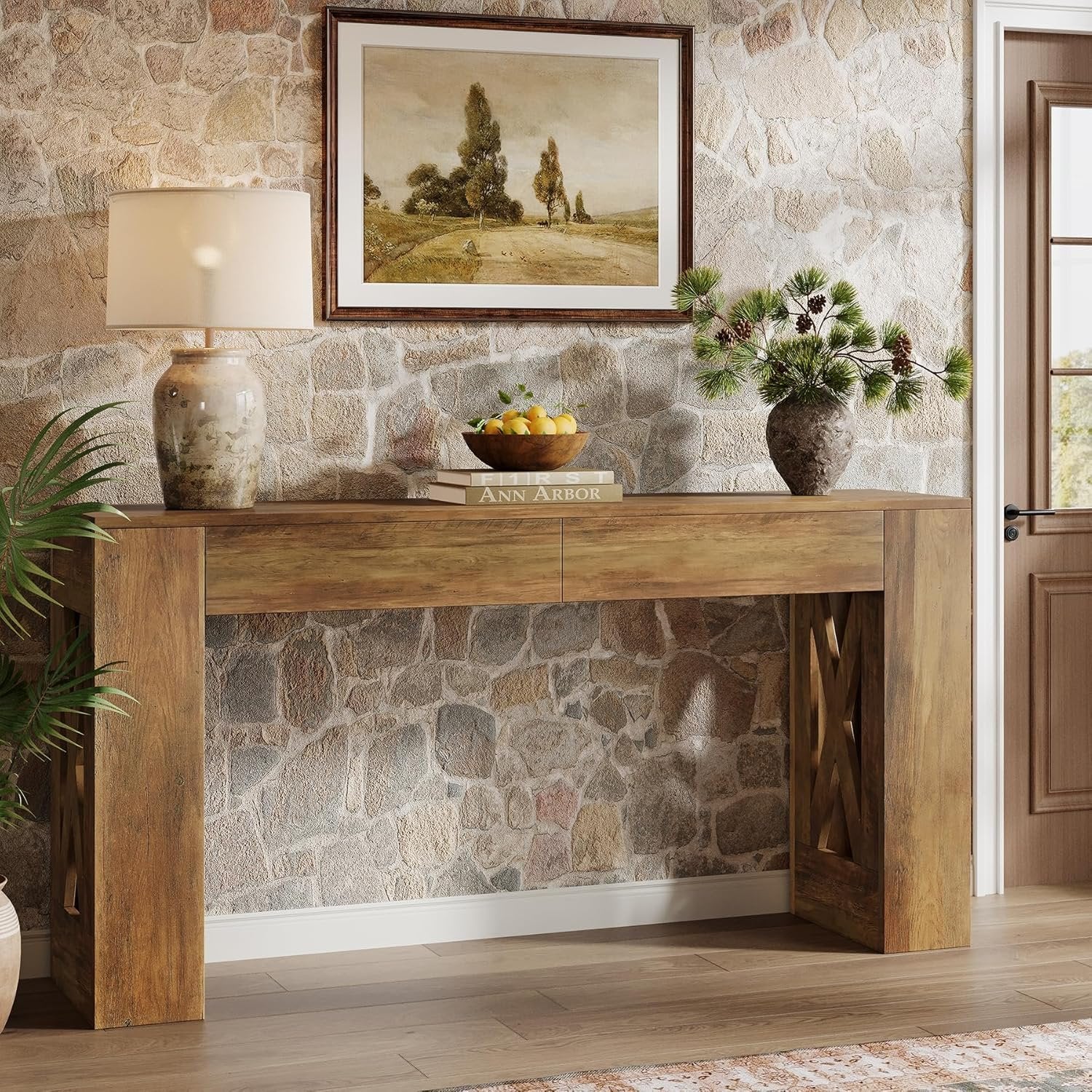 Tribesigns Consola de estilo rústico de 160 cm, Mesa de recibidor estrecha con 2 cajones y diseño de patas en X