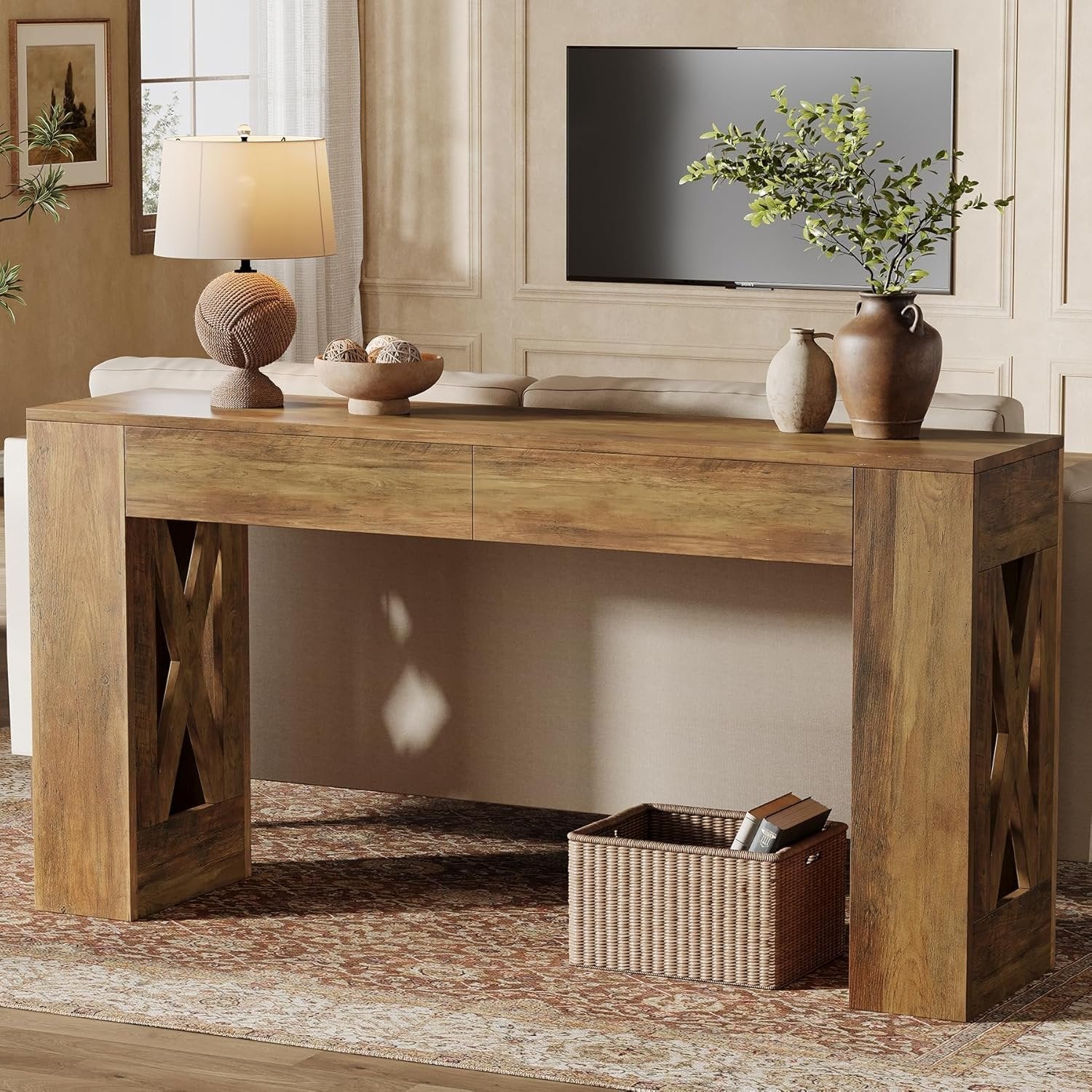 Tribesigns Consola de estilo rústico de 160 cm, Mesa de recibidor estrecha con 2 cajones y diseño de patas en X