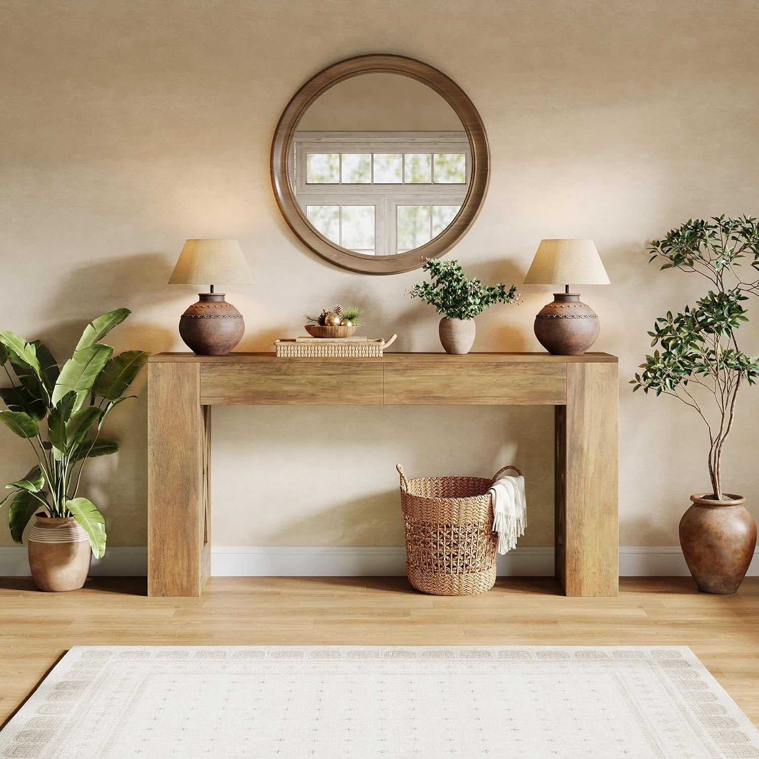 Tribesigns Consola de estilo rústico de 160 cm, Mesa de recibidor estrecha con 2 cajones y diseño de patas en X