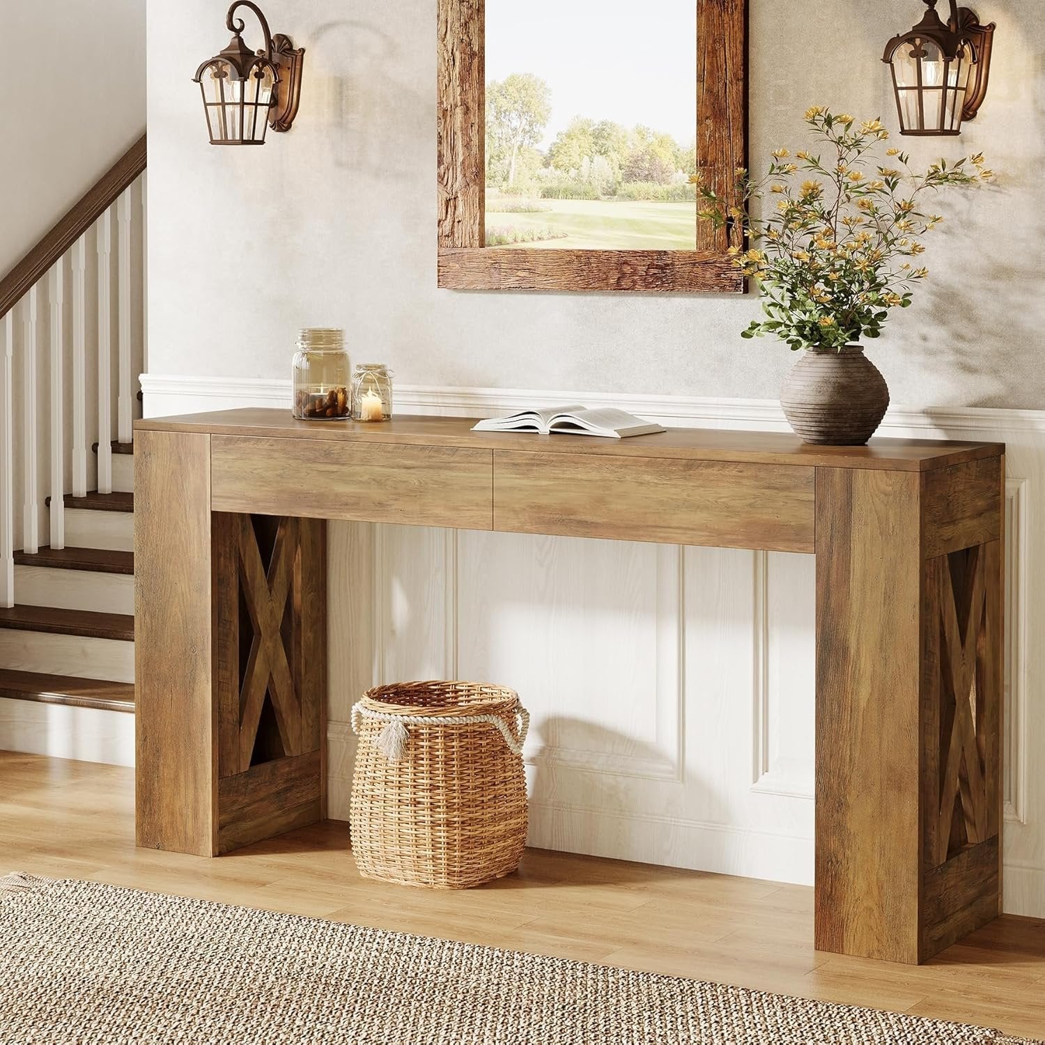 Tribesigns Consola de estilo rústico de 160 cm, Mesa de recibidor estrecha con 2 cajones y diseño de patas en X