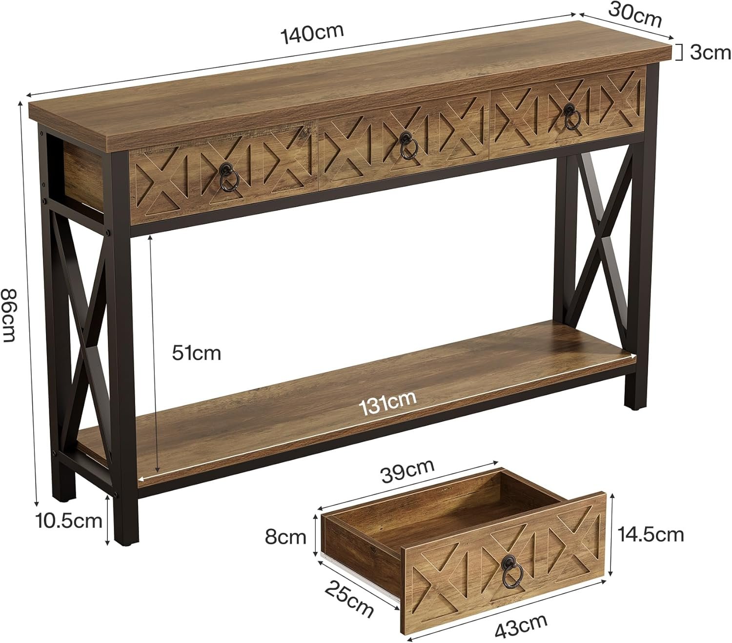 Tribesigns Muebles Entrada Consola 140×30×85 cm con 3 Cajones, Mesa Consola Estrecha Rústica con Estantes