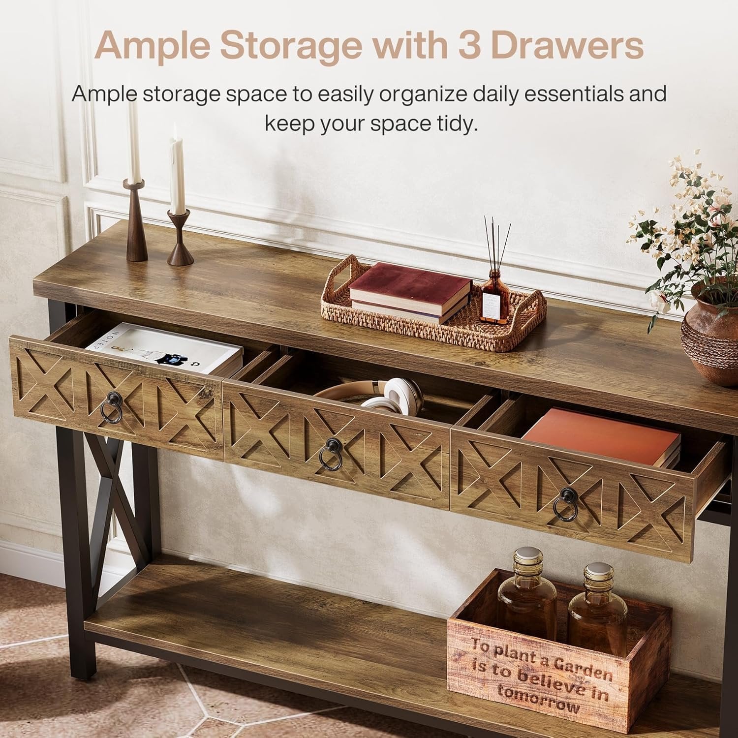 Tribesigns Muebles Entrada Consola 140×30×85 cm con 3 Cajones, Mesa Consola Estrecha Rústica con Estantes