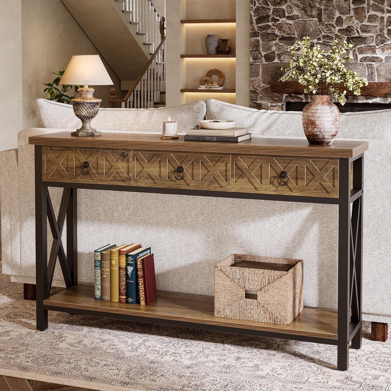 Tribesigns Muebles Entrada Consola 140×30×85 cm con 3 Cajones, Mesa Consola Estrecha Rústica con Estantes
