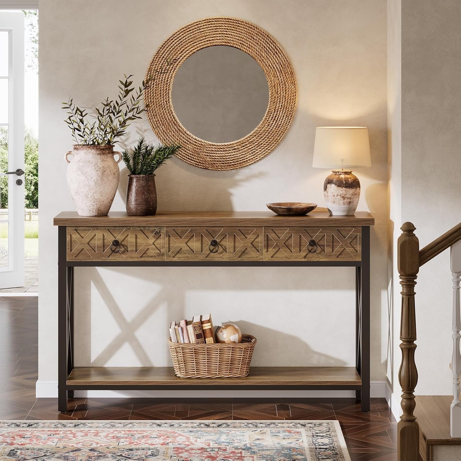 Tribesigns Muebles Entrada Consola 140×30×85 cm con 3 Cajones, Mesa Consola Estrecha Rústica con Estantes
