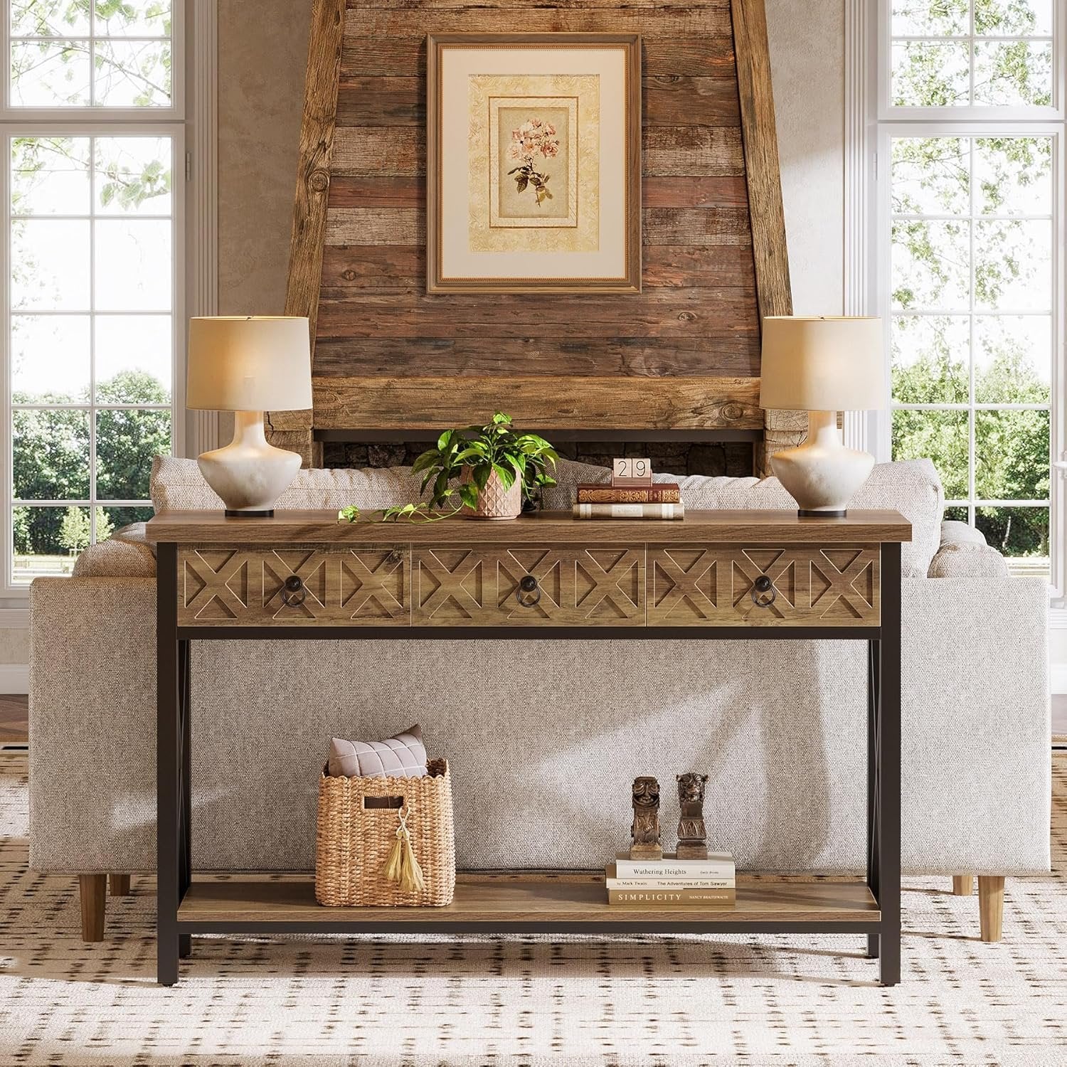 Tribesigns Muebles Entrada Consola 140×30×85 cm con 3 Cajones, Mesa Consola Estrecha Rústica con Estantes