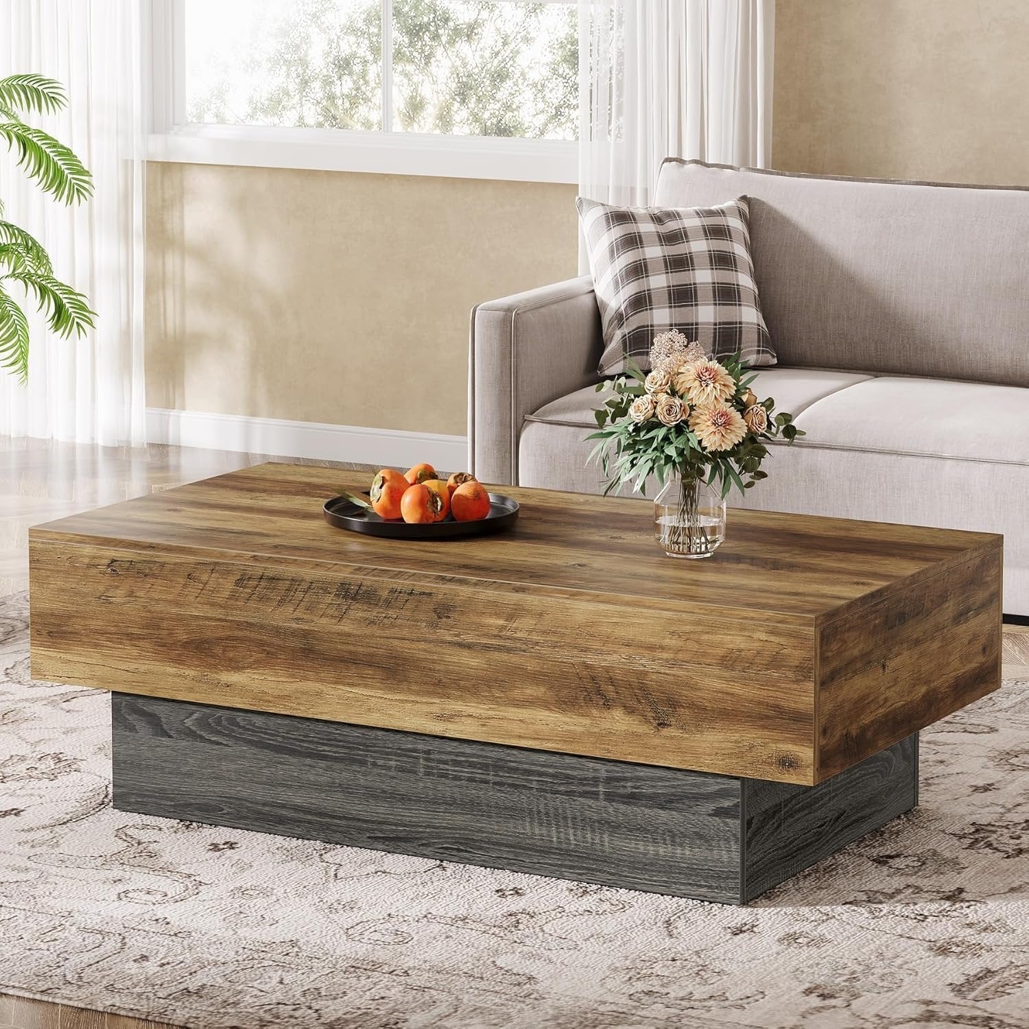 Tribesigns Mesa de centro de madera rústica de 140 cm rectangular, Mesa de té grande con estructura gris