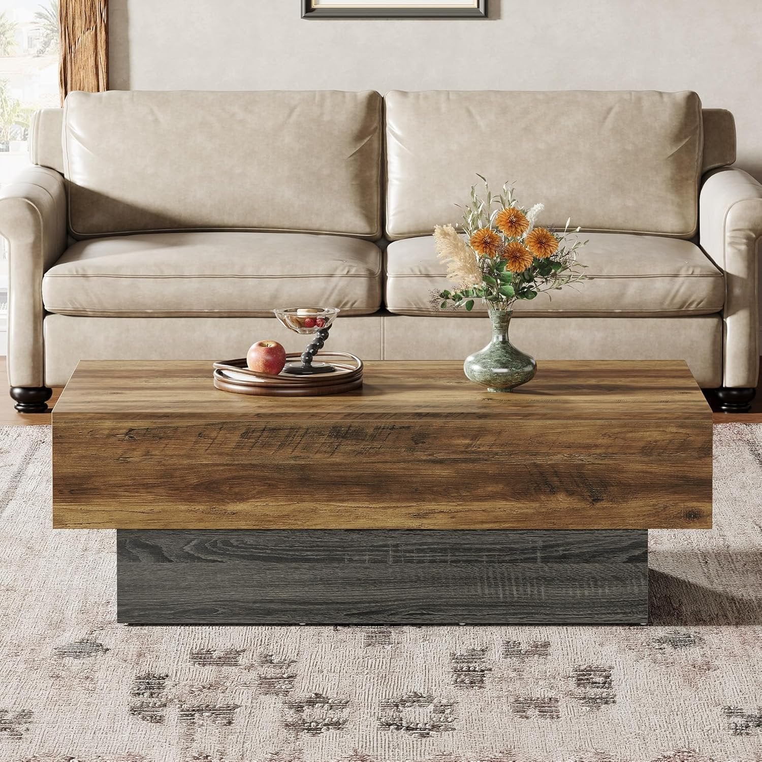 Tribesigns Mesa de centro de madera rústica de 140 cm rectangular, Mesa de té grande con estructura gris