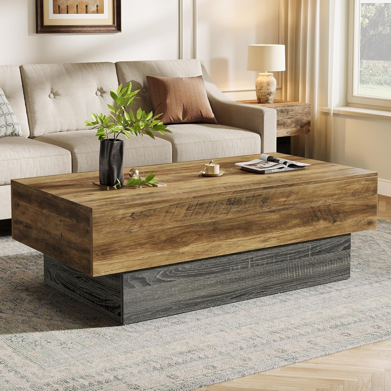 Tribesigns Mesa de centro de madera rústica de 140 cm rectangular, Mesa de té grande con estructura gris