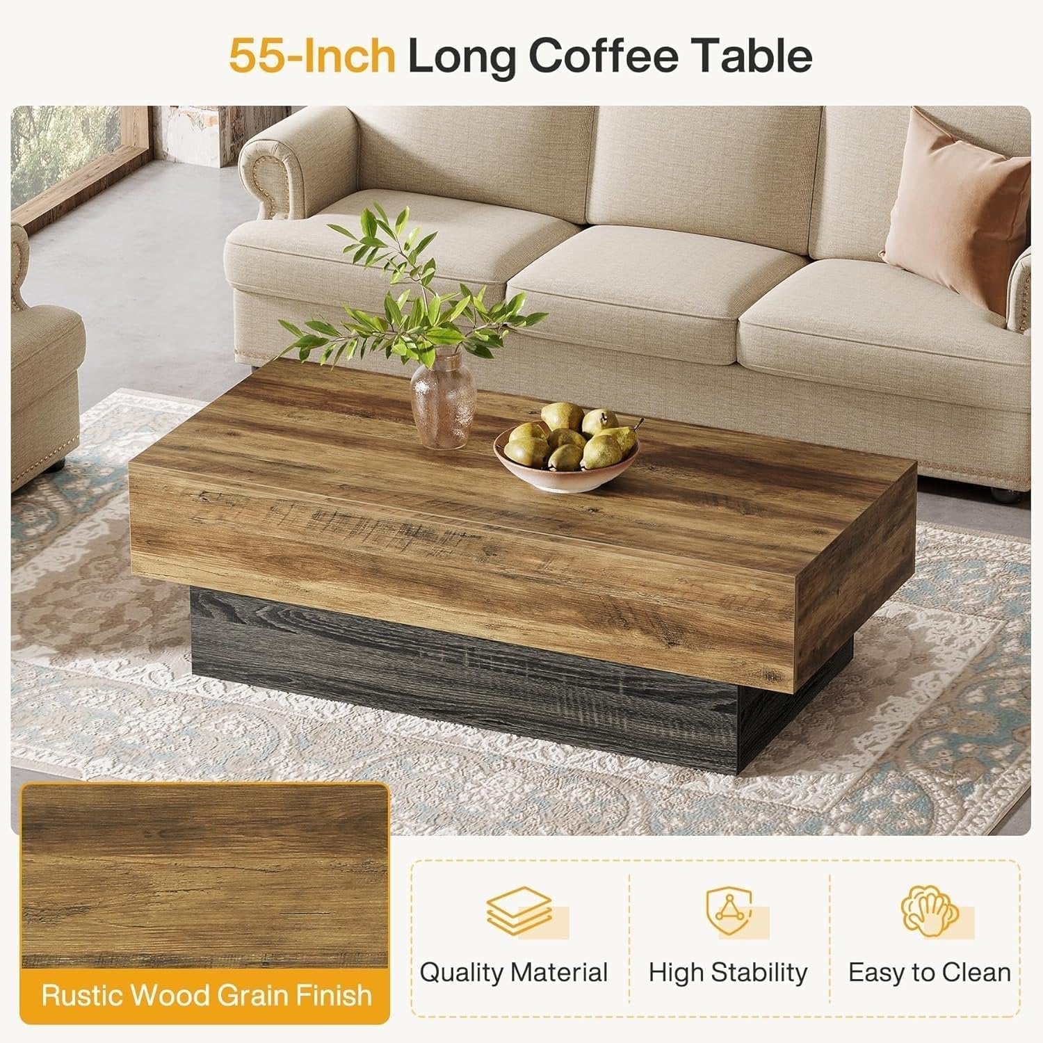 Tribesigns Mesa de centro de madera rústica de 140 cm rectangular, Mesa de té grande con estructura gris