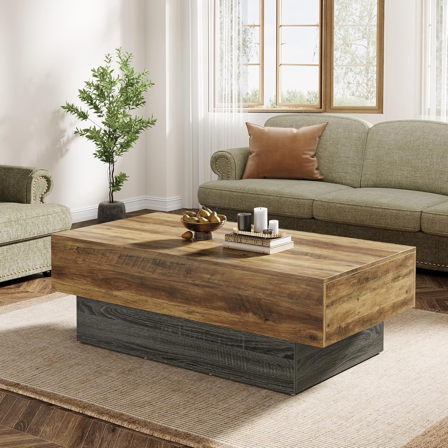 Tribesigns Mesa de centro de madera rústica de 140 cm rectangular, Mesa de té grande con estructura gris