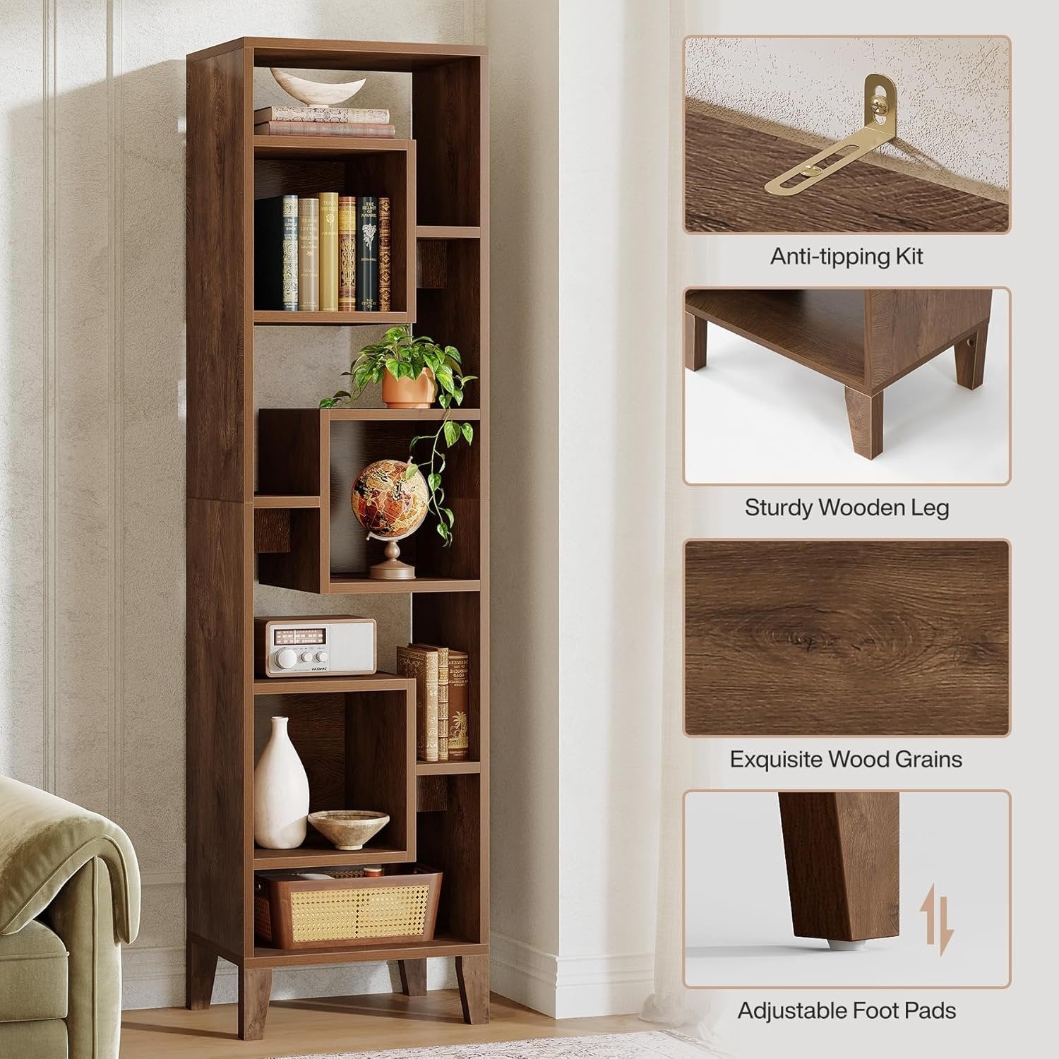 Tribesigns Estantería esquinera de 180 cm de alto, Estantería de almacenamiento Estantería de madera desplazada