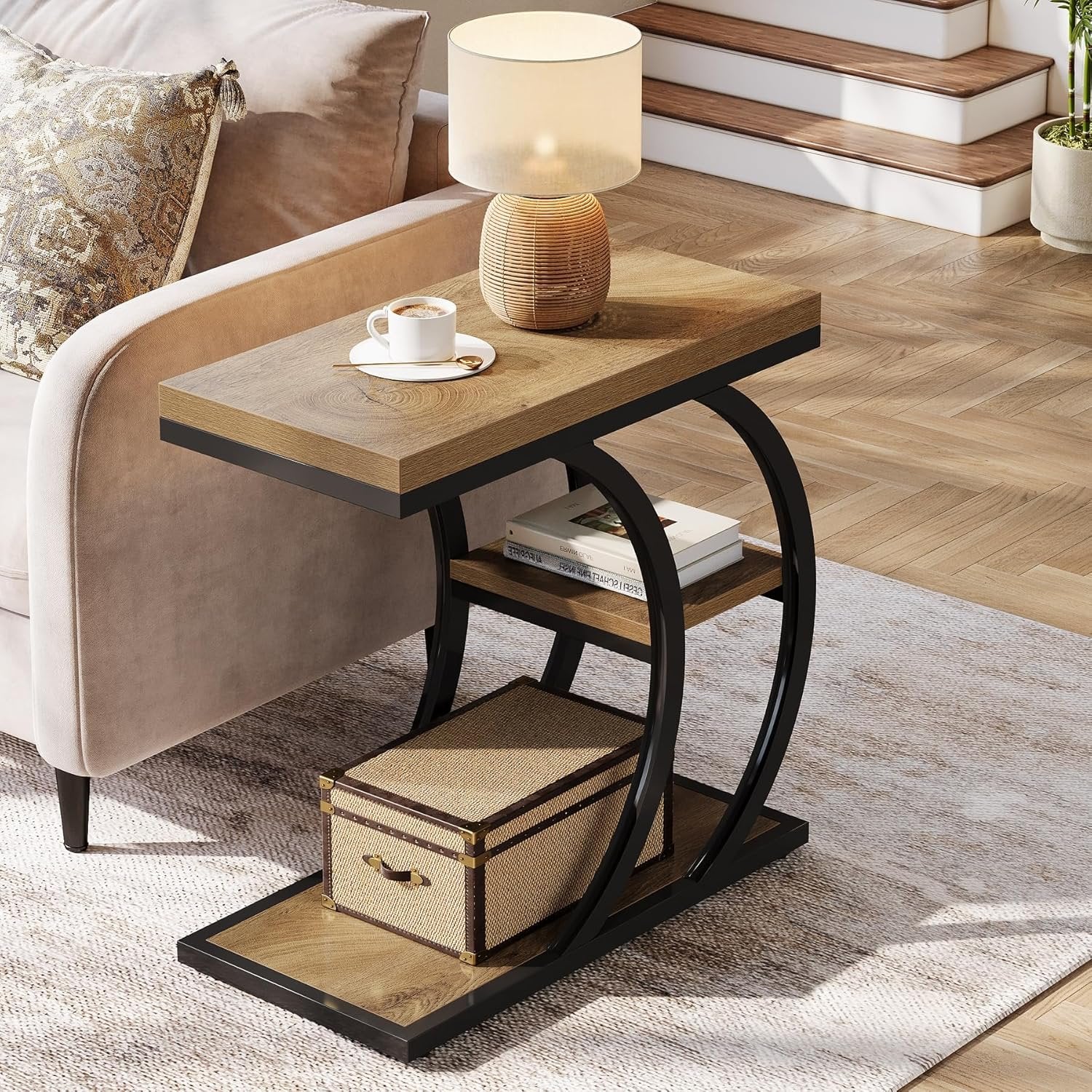 Tribesigns Mesa auxiliar de 3 niveles de 60 cm, Mesa auxiliar de diseño industrial en forma de C