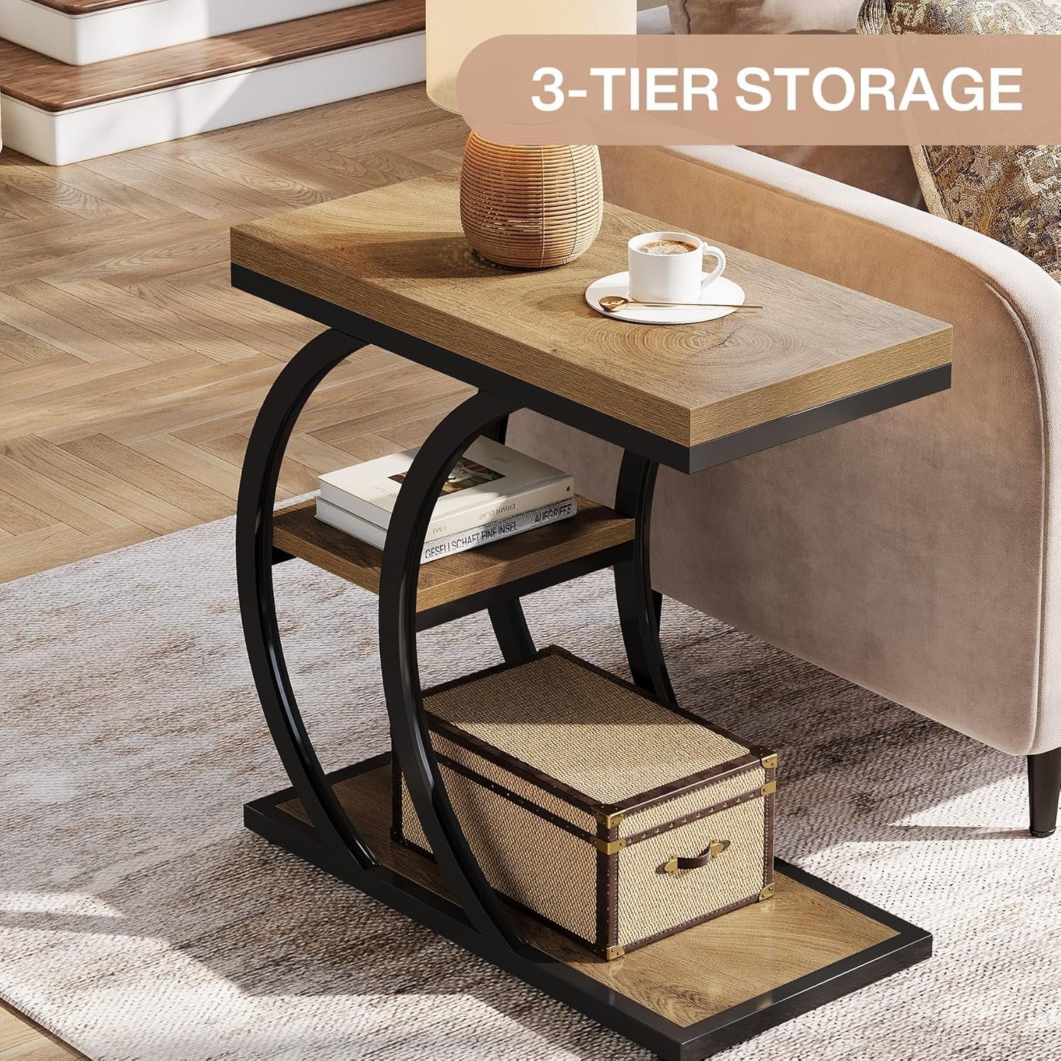 Tribesigns Mesa auxiliar de 3 niveles de 60 cm, Mesa auxiliar de diseño industrial en forma de C