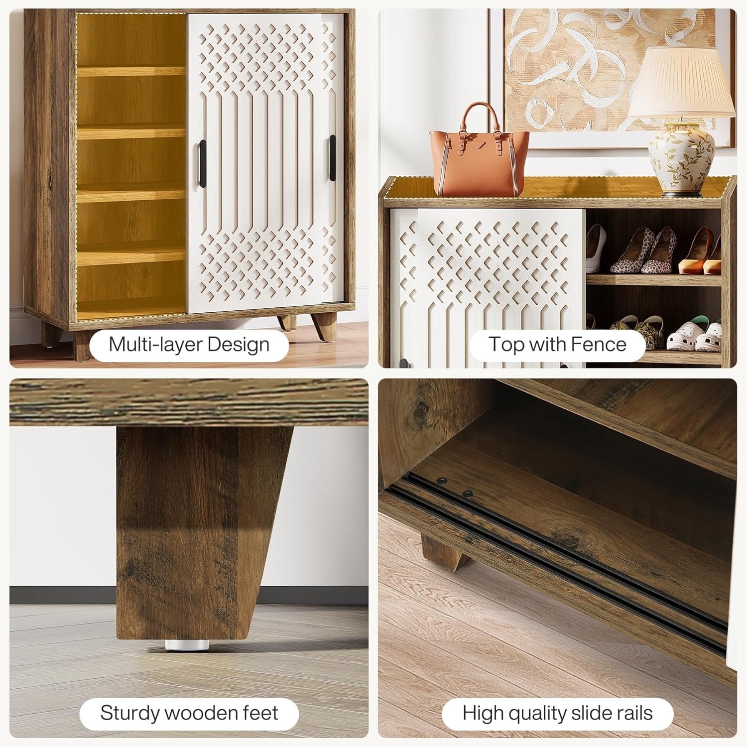 Tribesigns Zapatero de madera con puertas correderas, Moderno organizador de zapatos para la entrada