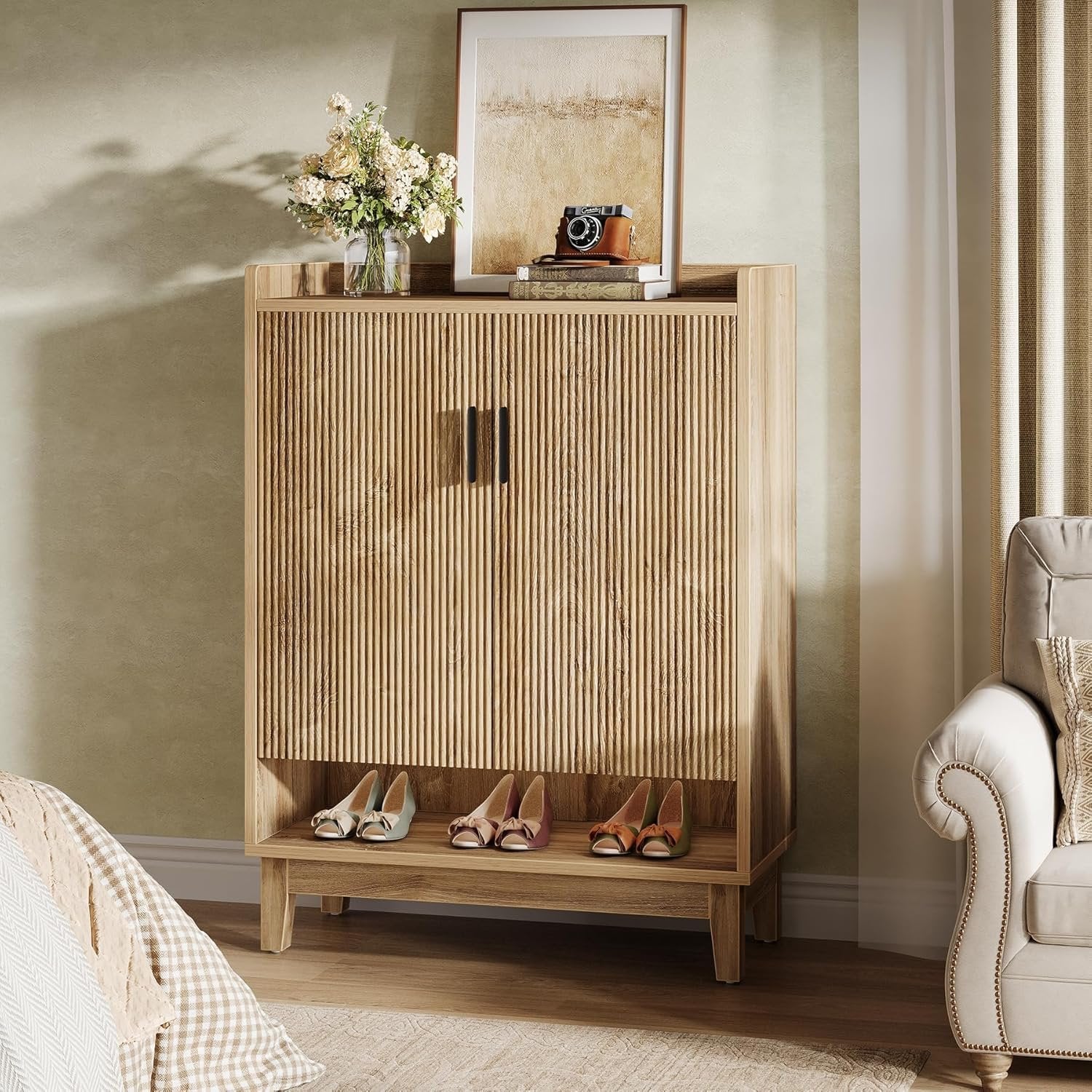 Tribesigns Zapatero con puertas, Zapatero rústico para 20 pares en madera natural