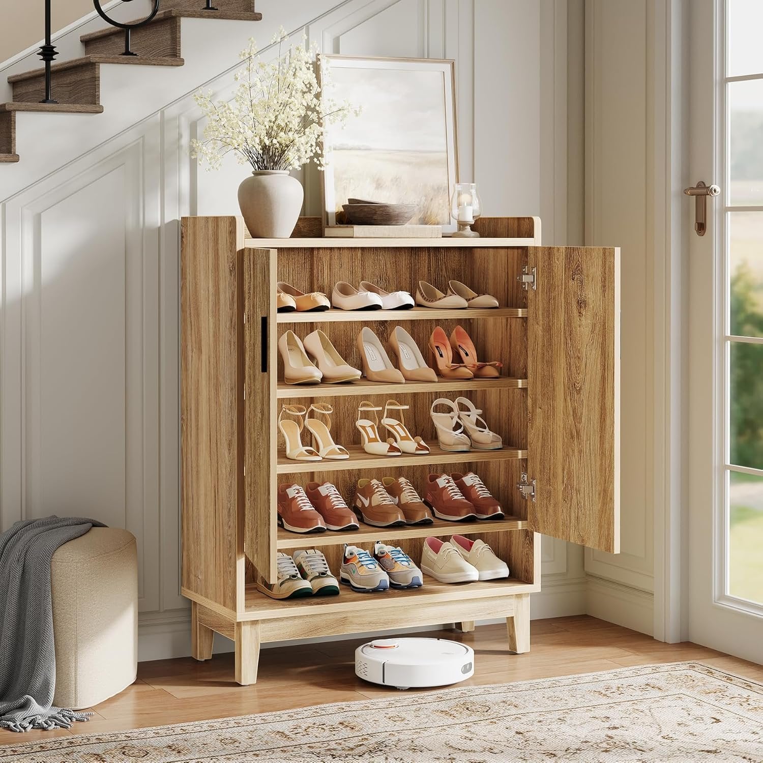 Tribesigns Zapatero con puertas, Zapatero rústico para 20 pares en madera natural