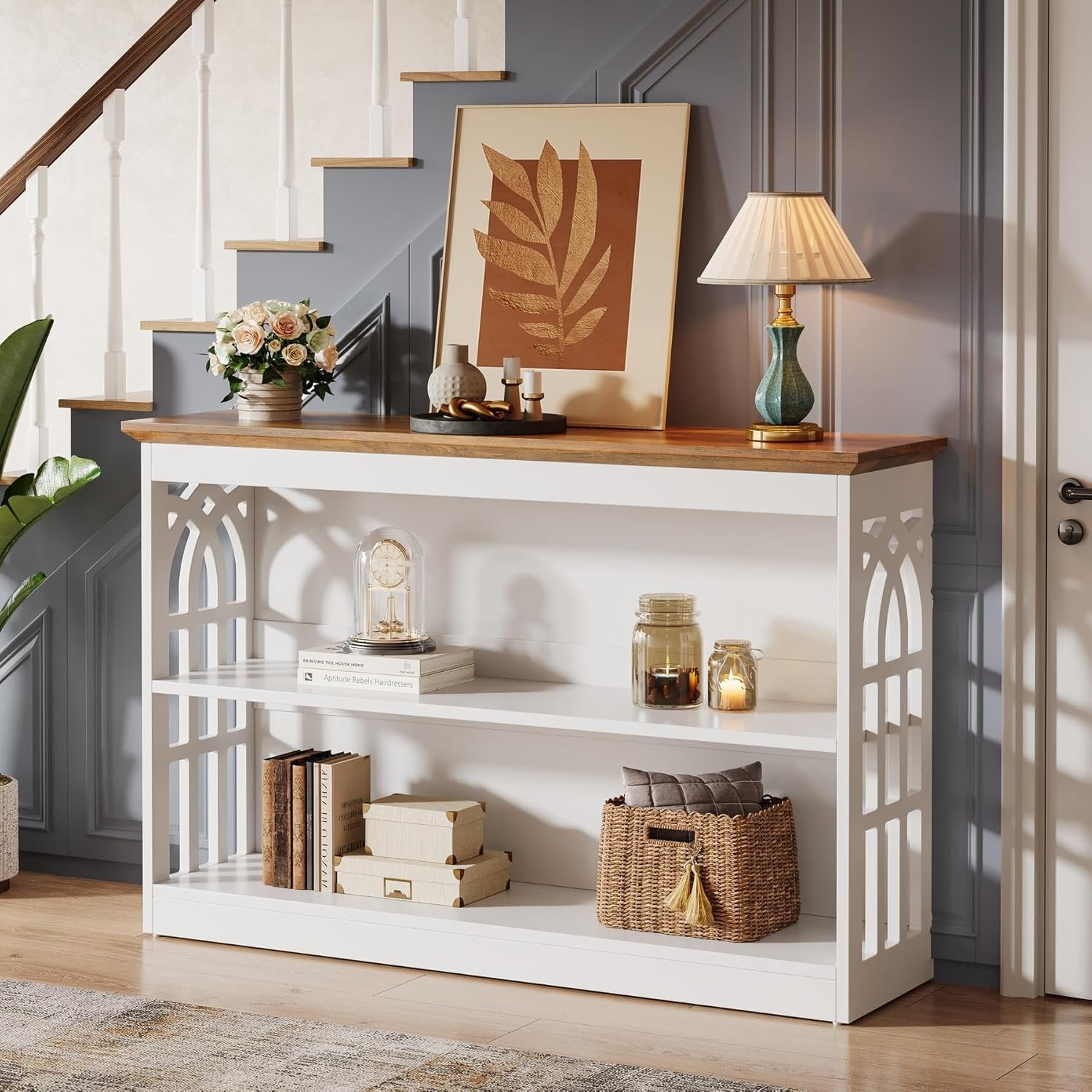 Tribesigns Mesa consola moderna para la entrada, Mesa de sofá blanca de 105 cm detrás