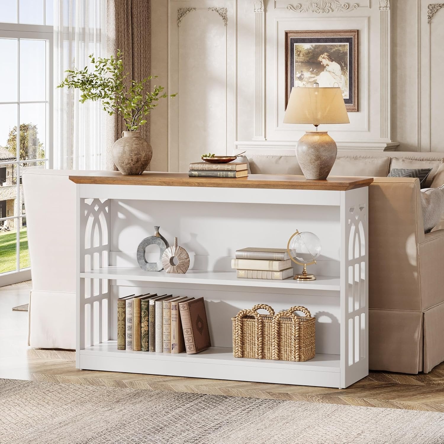 Tribesigns Mesa consola moderna para la entrada, Mesa de sofá blanca de 105 cm detrás