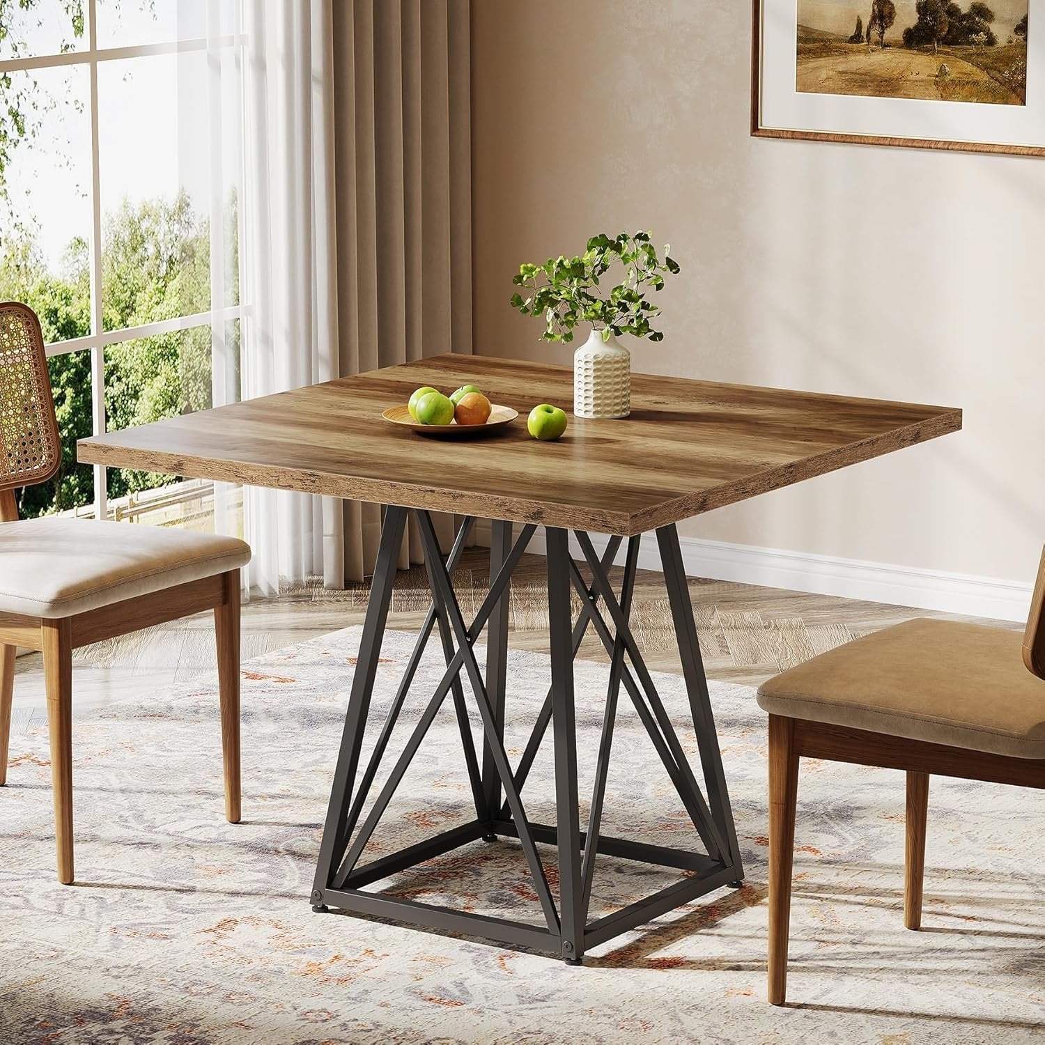 Tribesigns Mesa de comedor de 90 cm para 4 personas, Mesa cuadrada de estilo rústico con estructura de metal en marrón-negro