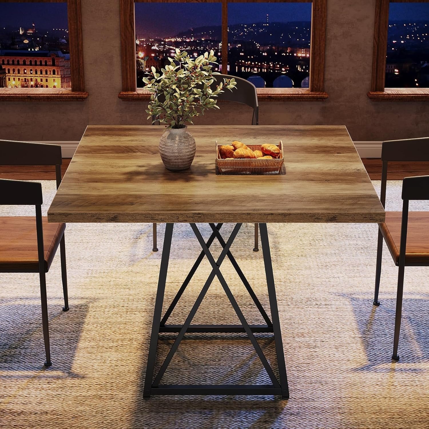 Tribesigns Mesa de comedor de 90 cm para 4 personas, Mesa cuadrada de estilo rústico con estructura de metal en marrón-negro