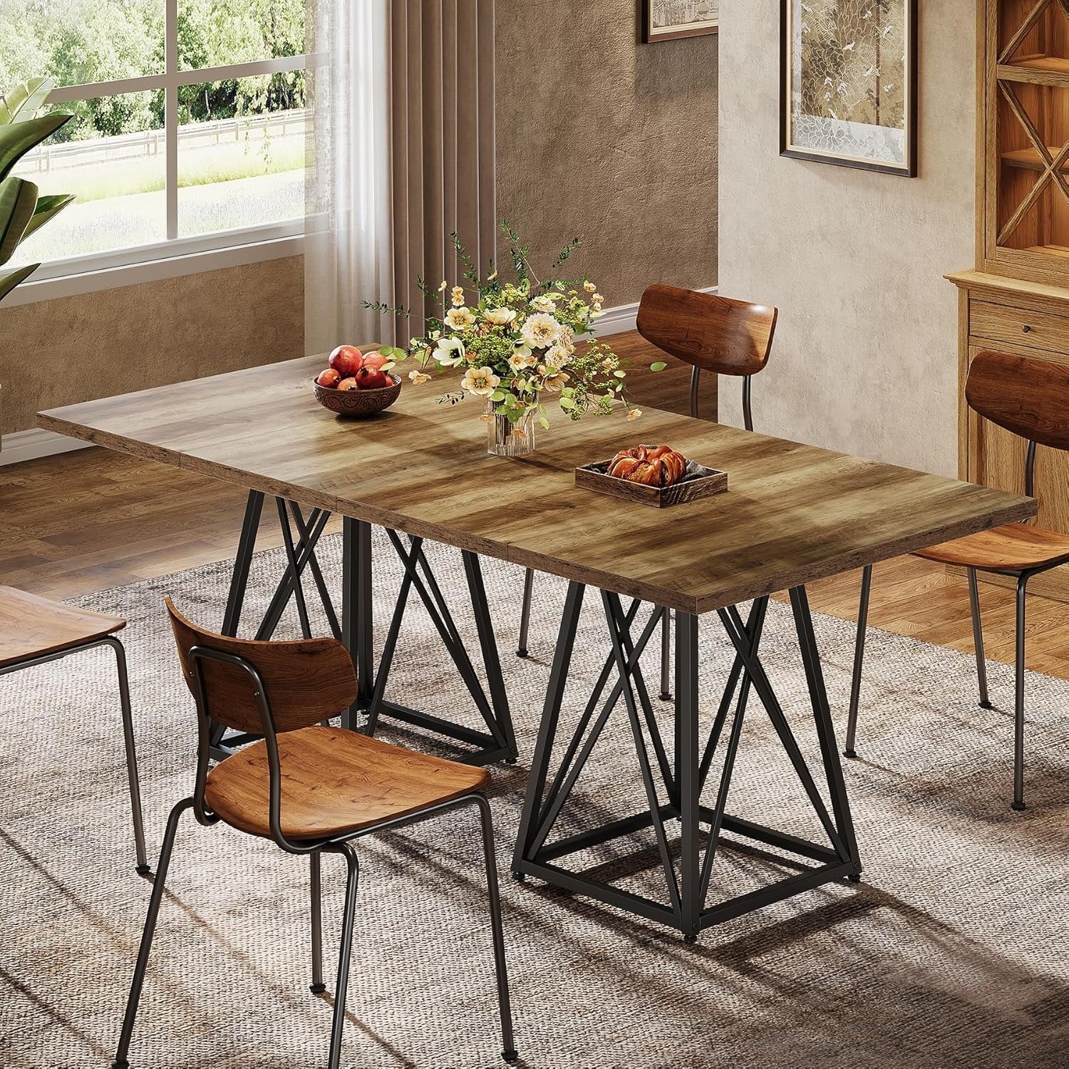 Tribesigns Mesa de comedor de 90 cm para 4 personas, Mesa cuadrada de estilo rústico con estructura de metal en marrón-negro