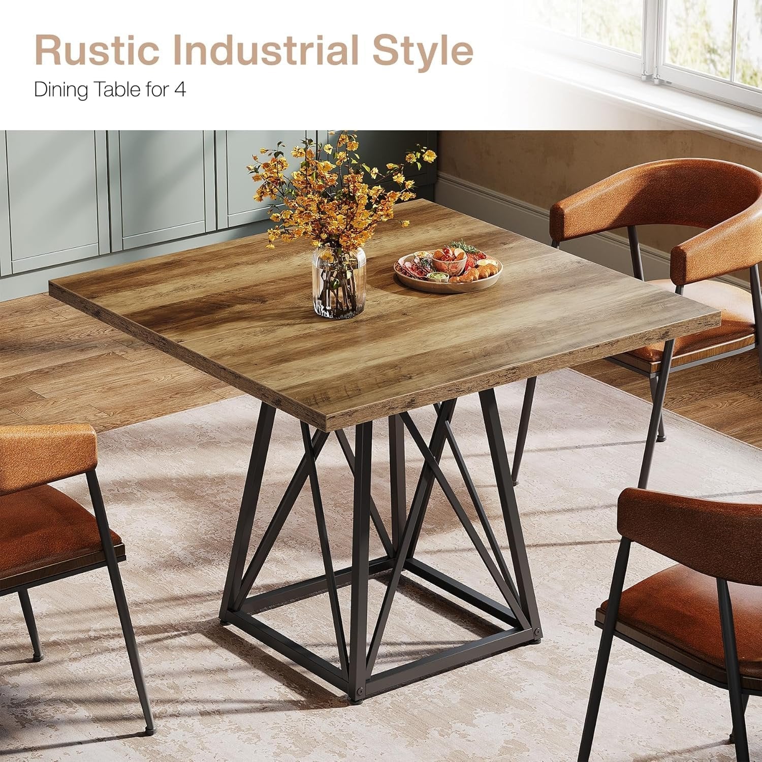 Tribesigns Mesa de comedor de 90 cm para 4 personas, Mesa cuadrada de estilo rústico con estructura de metal en marrón-negro