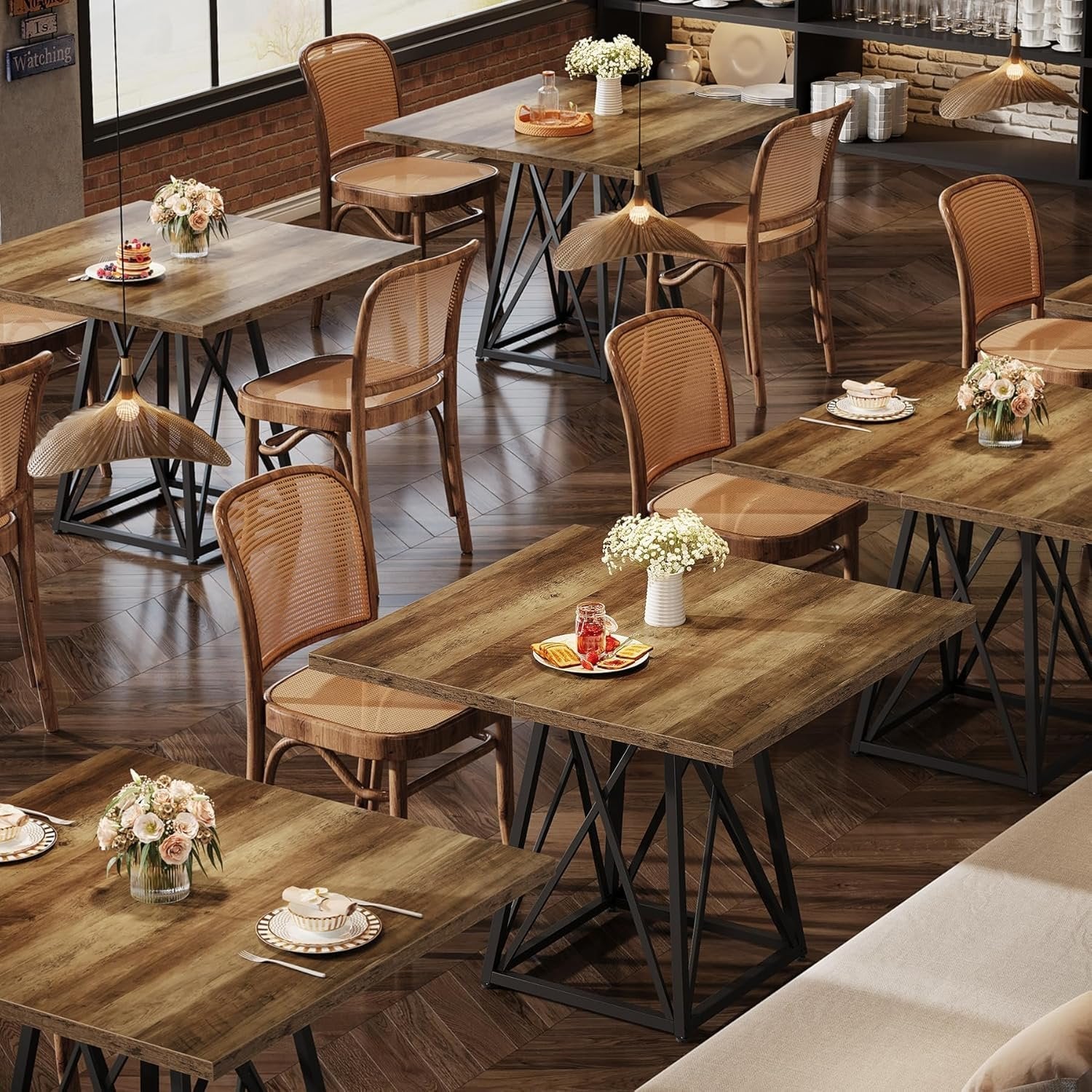 Tribesigns Mesa de comedor de 90 cm para 4 personas, Mesa cuadrada de estilo rústico con estructura de metal en marrón-negro