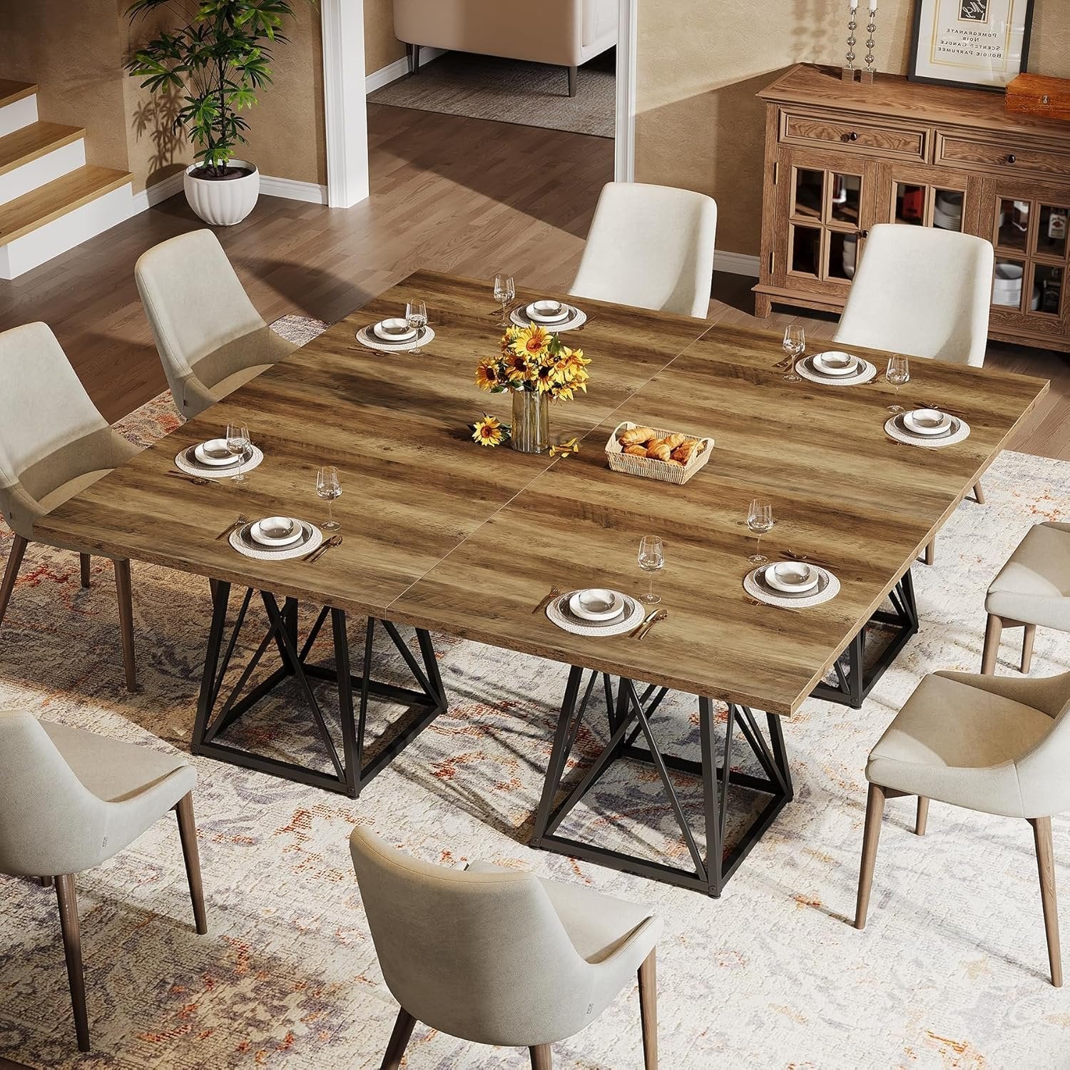Tribesigns Mesa de comedor de 90 cm para 4 personas, Mesa cuadrada de estilo rústico con estructura de metal en marrón-negro
