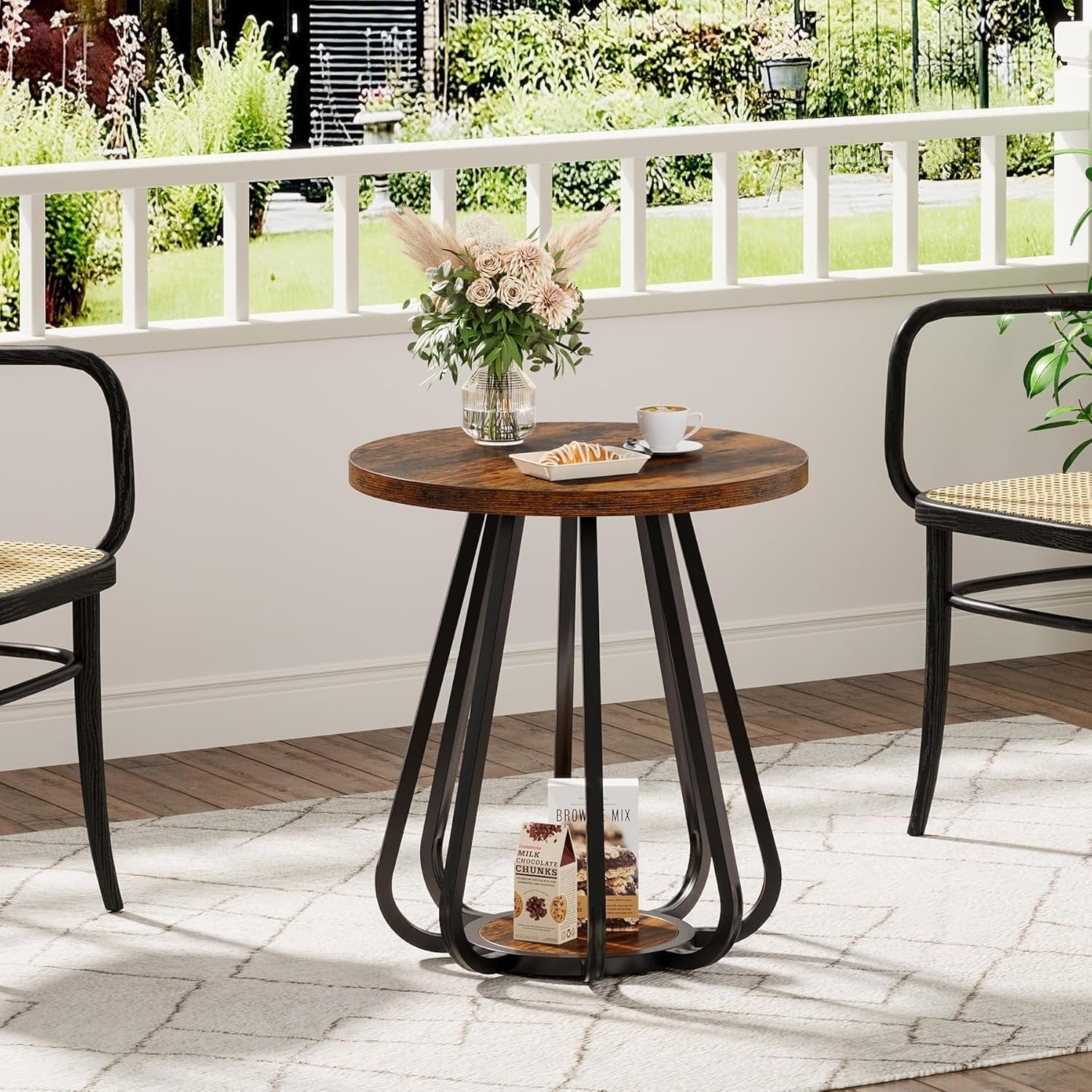 Tribesigns Mesa auxiliar redonda pequeña, Mesa de sofá de dos niveles con estructura de metal y estante inferior