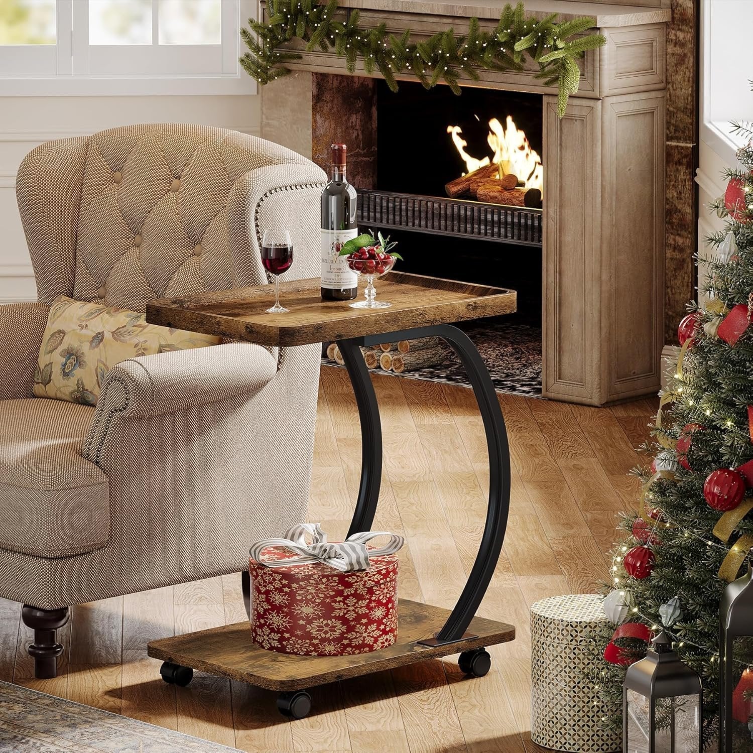 Tribesigns Mesa auxiliar con ruedas en forma de C, Pequeña mesa de centro industrial de dos niveles