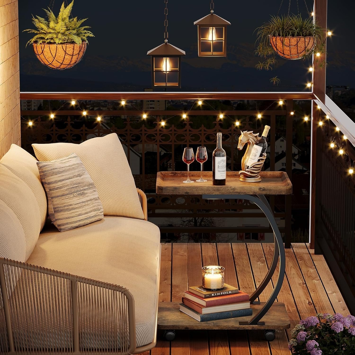 Tribesigns Mesa auxiliar con ruedas en forma de C, Pequeña mesa de centro industrial de dos niveles