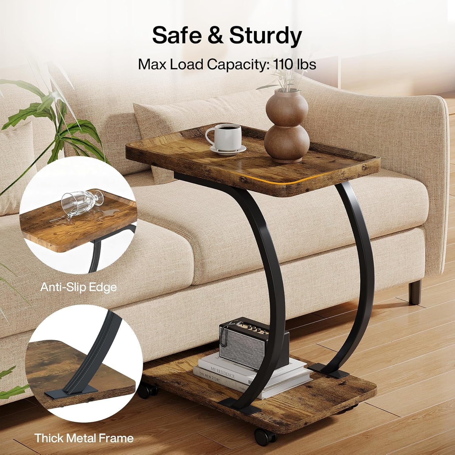 Tribesigns Mesa auxiliar con ruedas en forma de C, Pequeña mesa de centro industrial de dos niveles