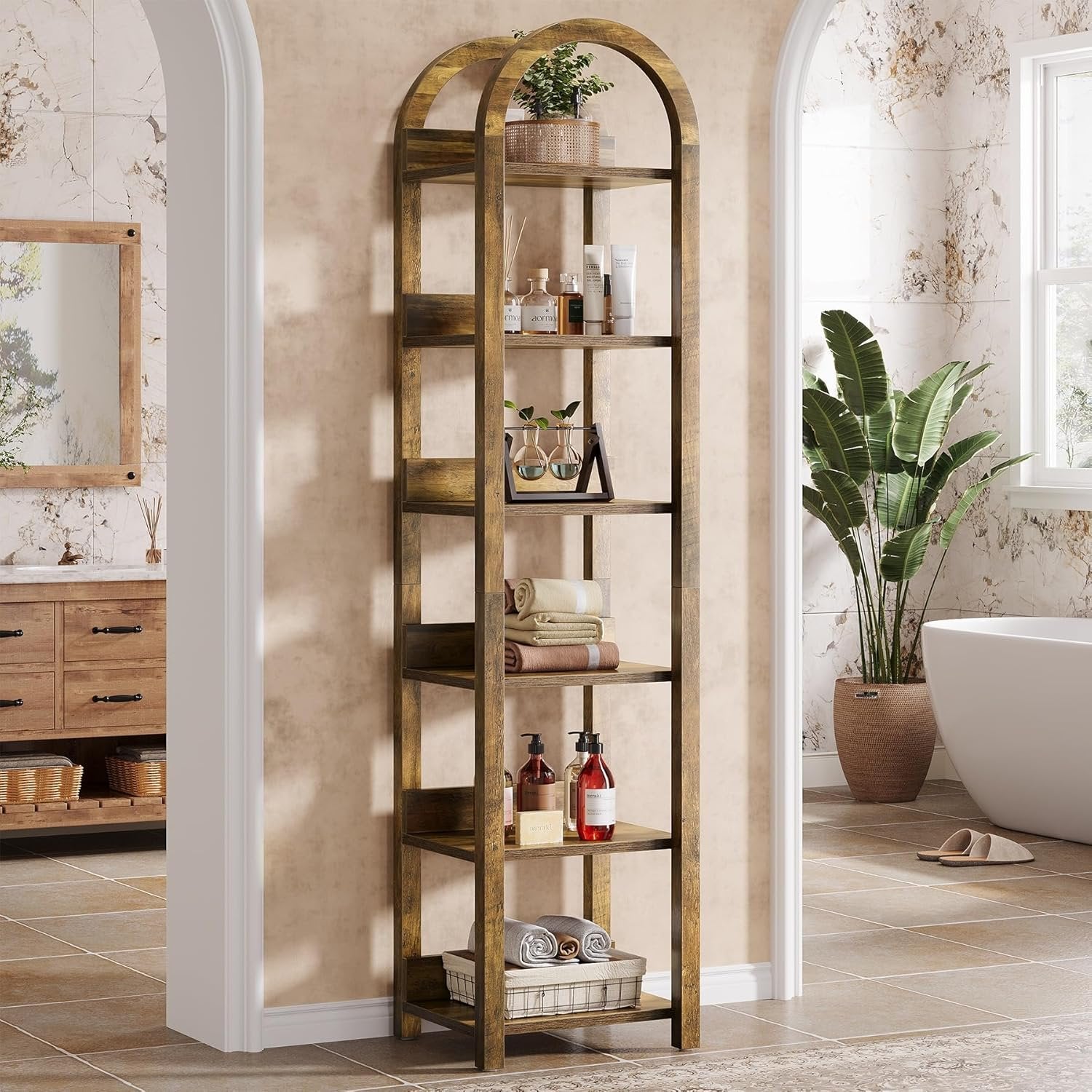 Tribesigns Estantería de 6 niveles, 180 cm de madera con librero arqueado y estante alto