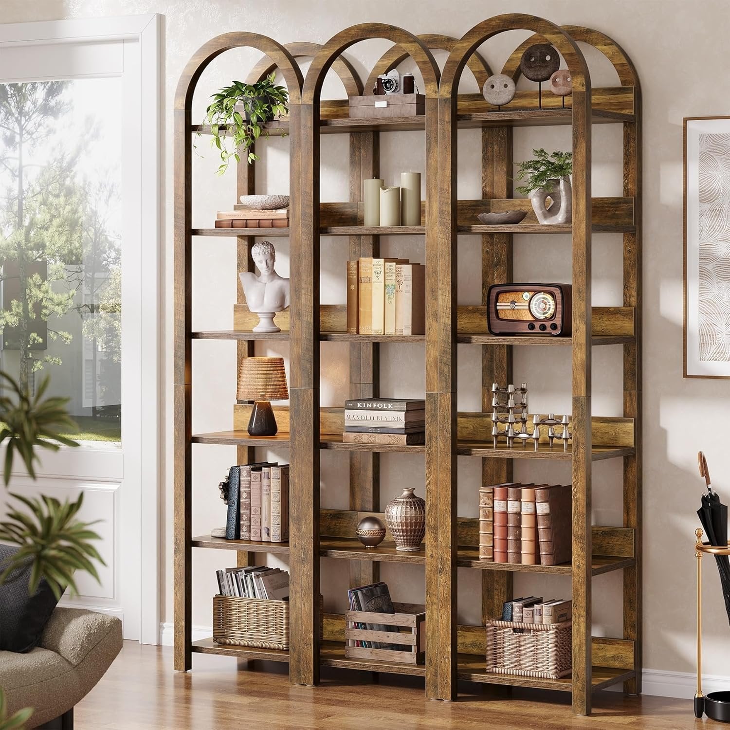 Tribesigns Estantería de 6 niveles, 180 cm de madera con librero arqueado y estante alto