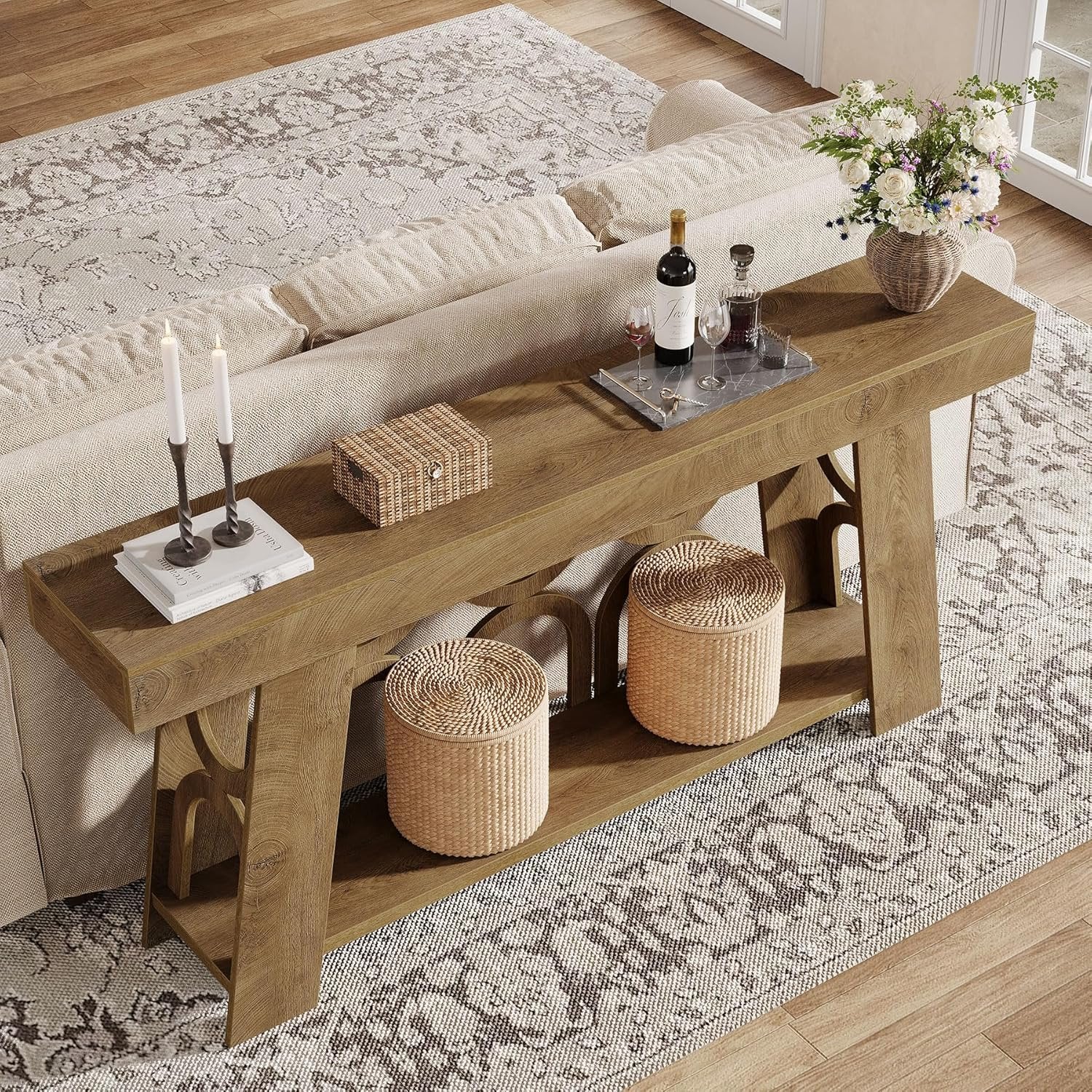 Tribesigns Consola de 160 cm, mesa estrecha de madera con 2 estantes de almacenaje, Mesa de recibidor y de sofá