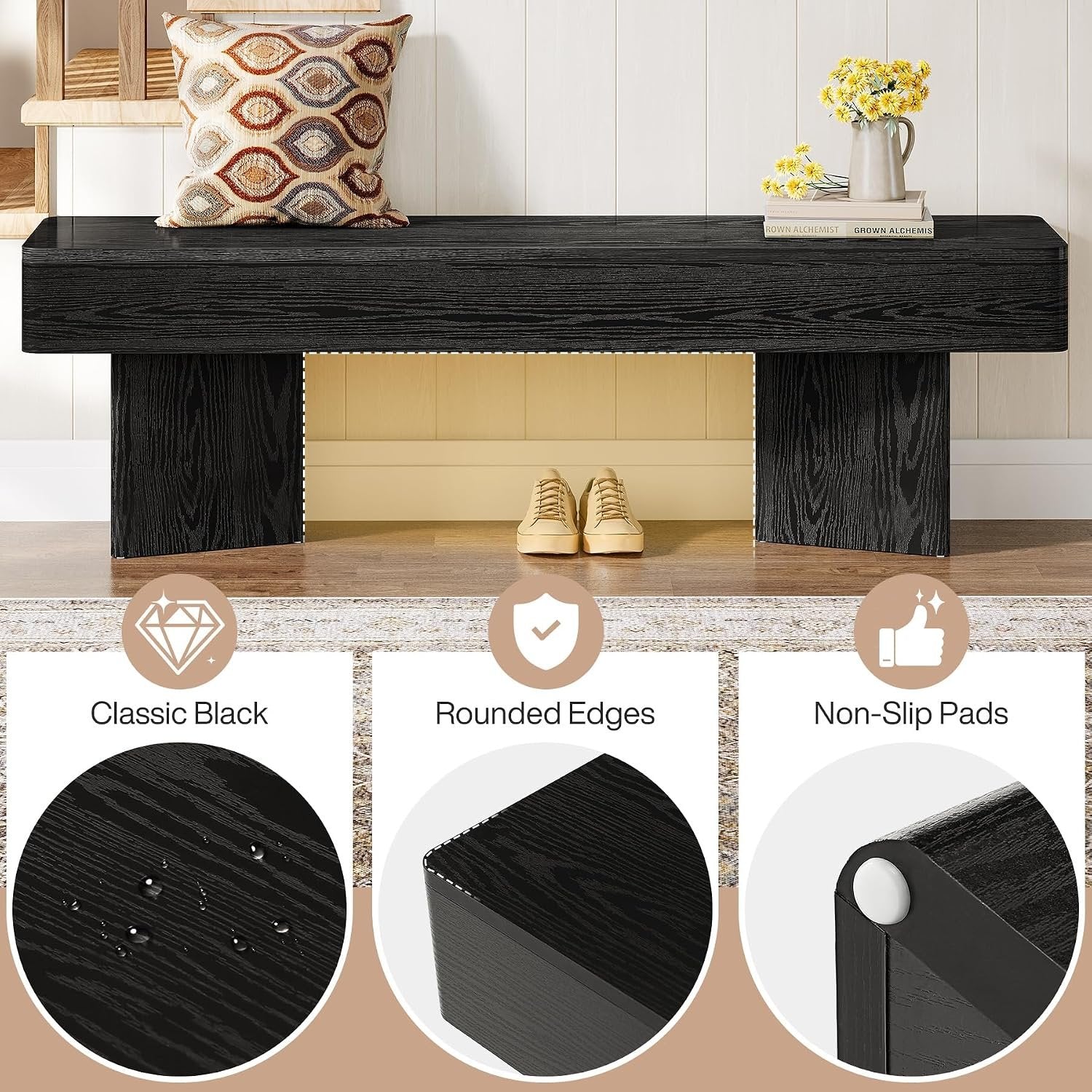 Tribesigns Banco de recibidor negro de 120 cm, Banco moderno con robusto marco prismático