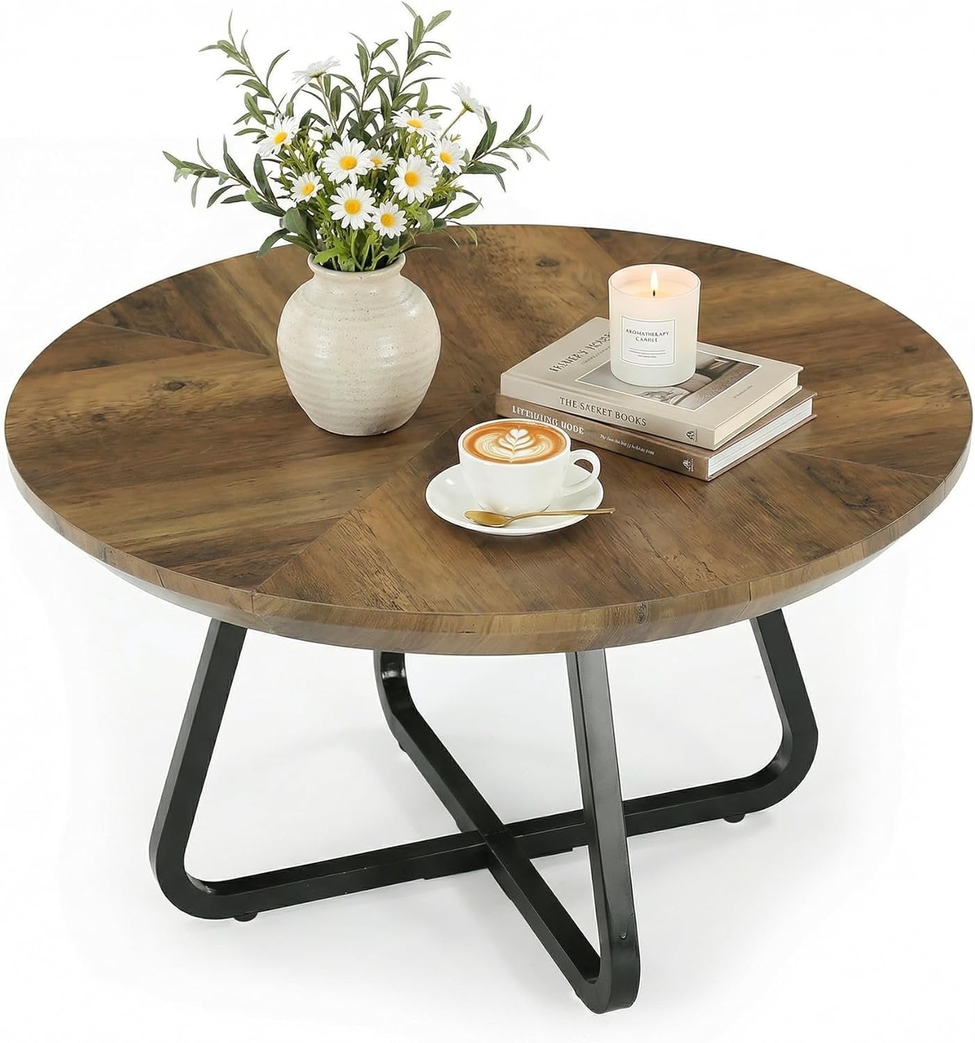 Tribesigns Mesa de centro redonda de 80 cm, Mesa de centro moderna con aspecto de madera, mesa auxiliar industrial con patas de metal
