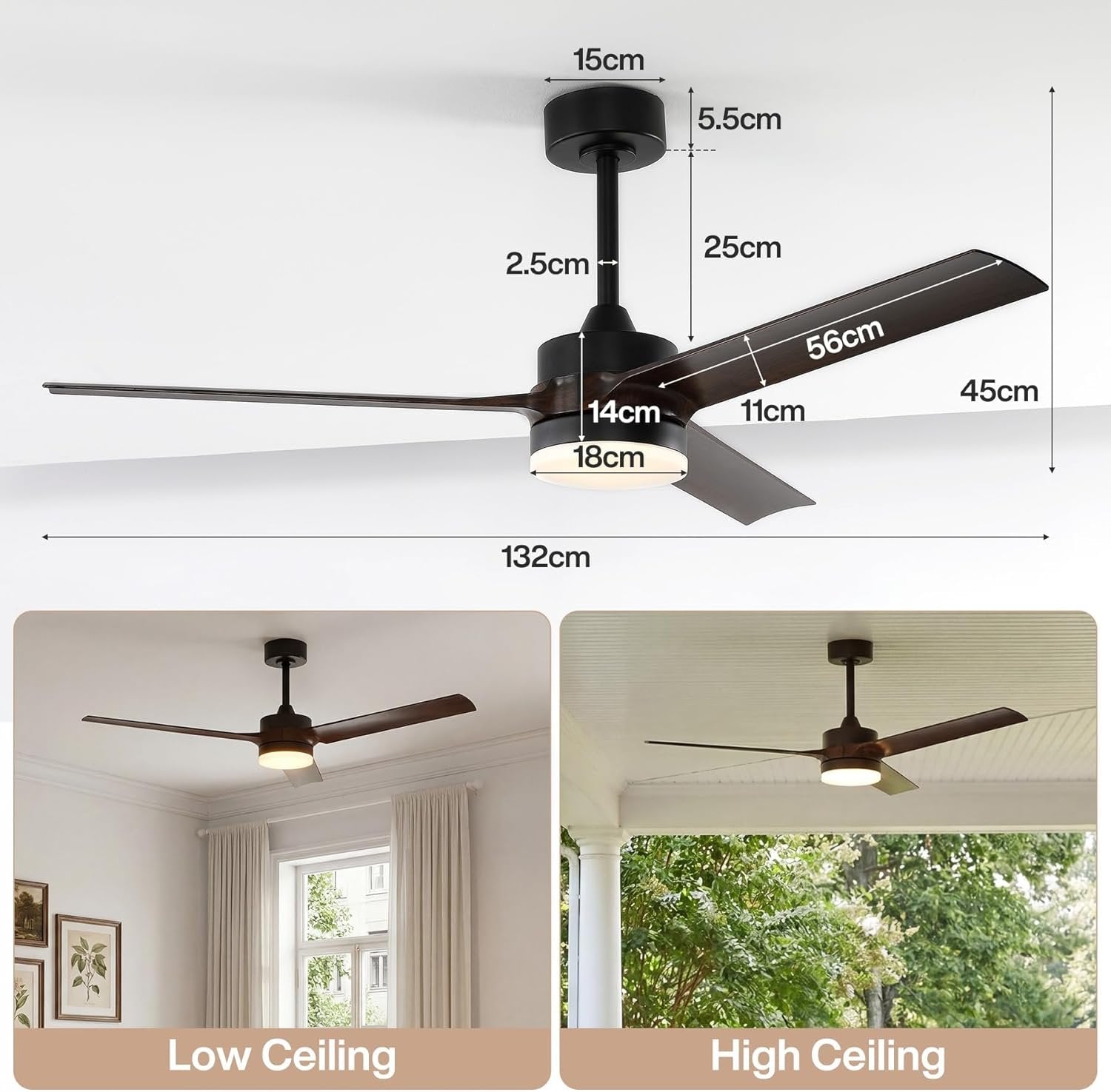 Tribesigns Ventilador de techo de 130 cm con luz y mando a distancia, Iluminación LED regulable, función reversible, motor de CC silencioso y 3 aspas