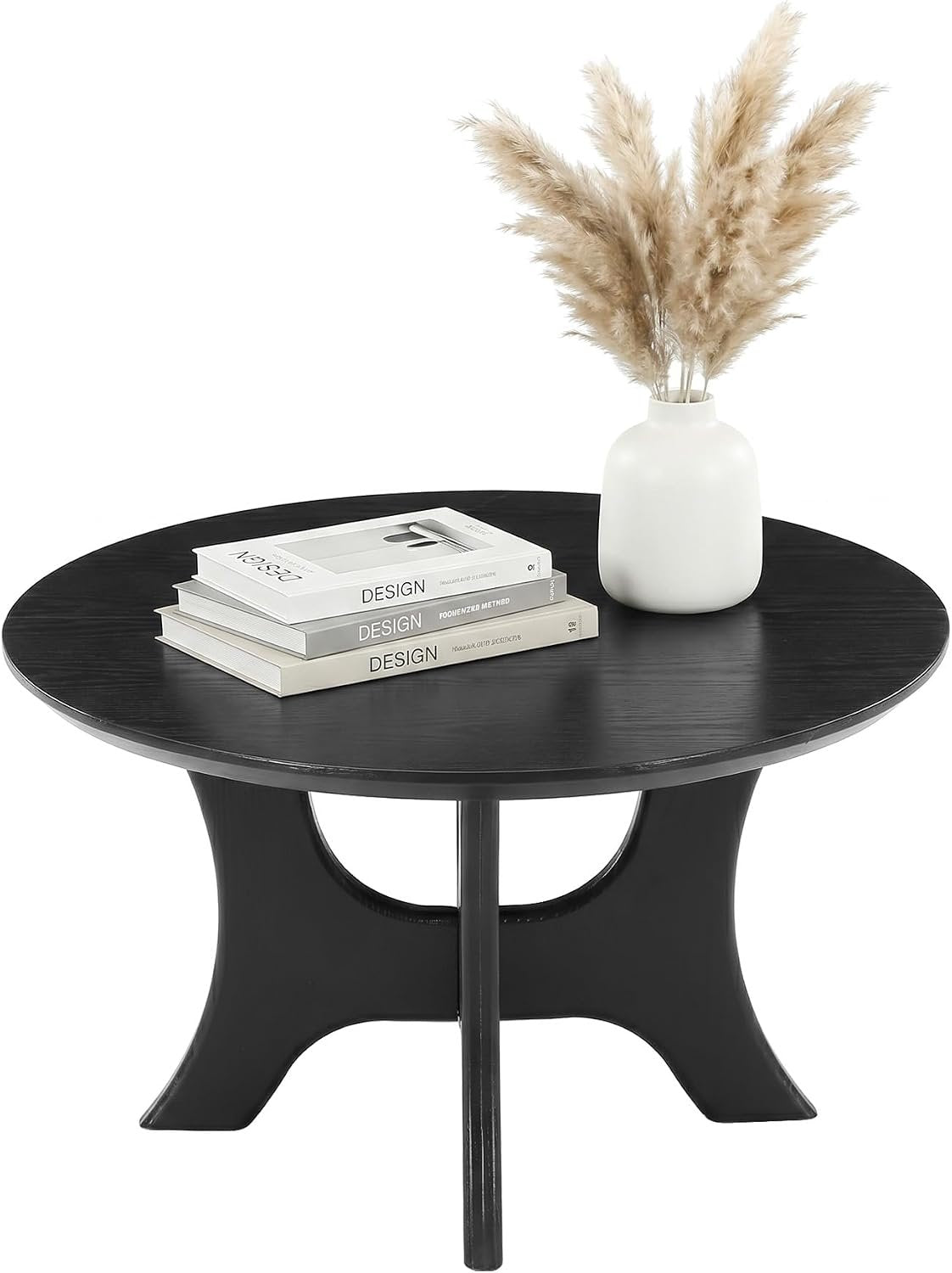 Mesa de centro redonda de 80 cm, Mesa auxiliar de diseño moderno de mediados de siglo para sala de estar, tablero con acabado de vetas de madera y estable, color negro