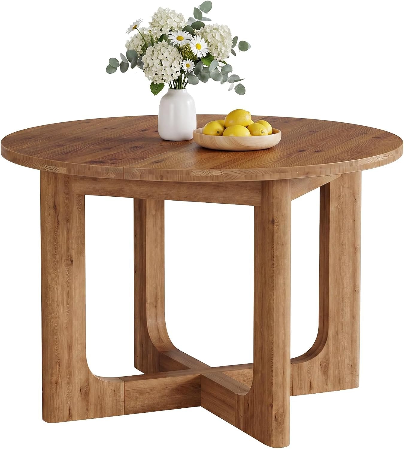 Tribesigns Mesa de comedor redonda de madera maciza100 cm color marrón rústico, patas en forma de X, capacidad para 2-4 personas