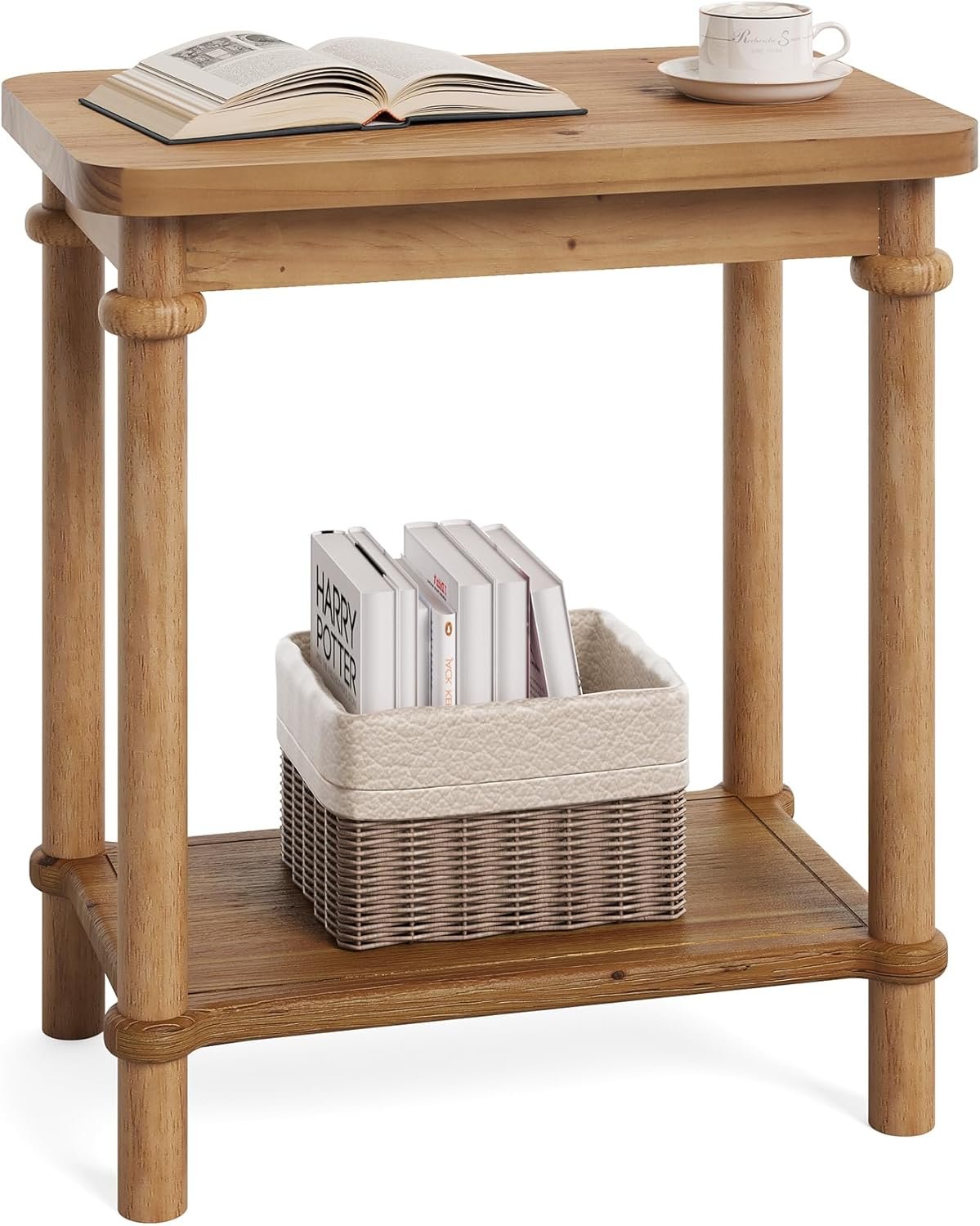 Tribesigns Mesa auxiliar rectangular de dos niveles de madera maciza, Estilo rústico con compartimento de almacenamiento y esquinas redondeadas