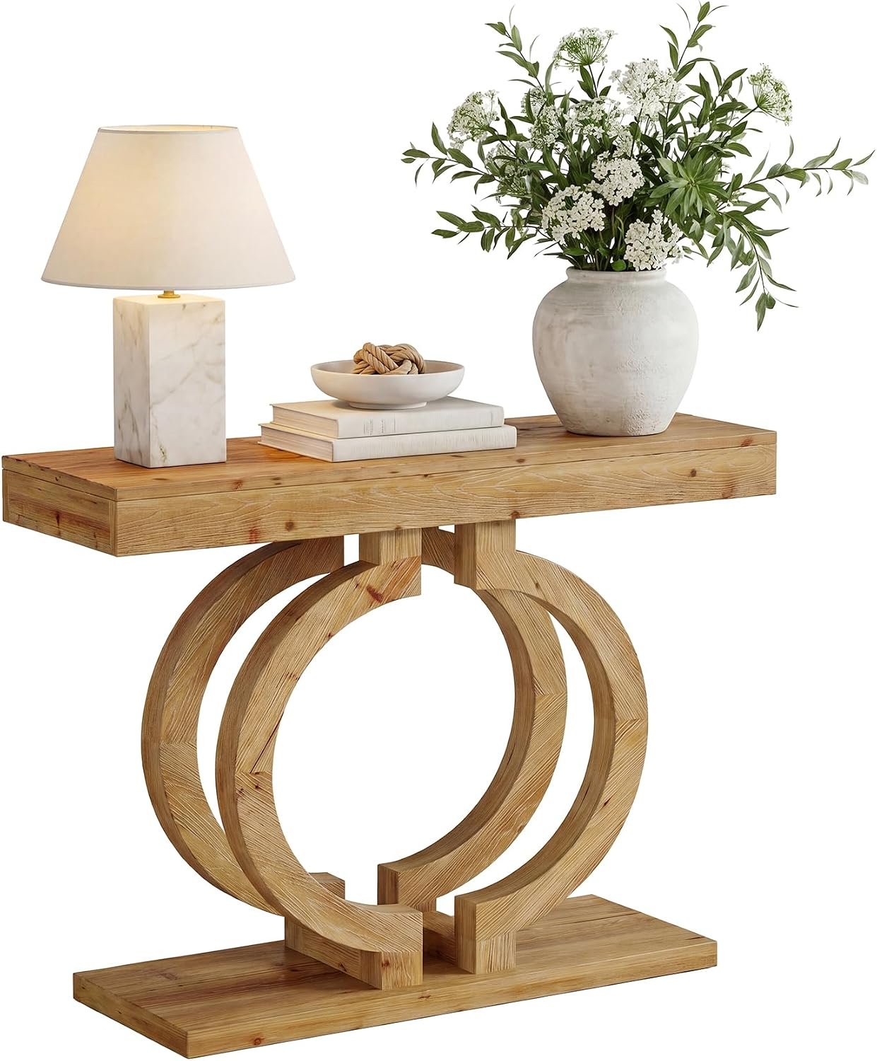 Mesa consola de madera maciza, Mesa de pasillo de 110 cm de largo, hecha de madera natural con una artística base de doble círculo