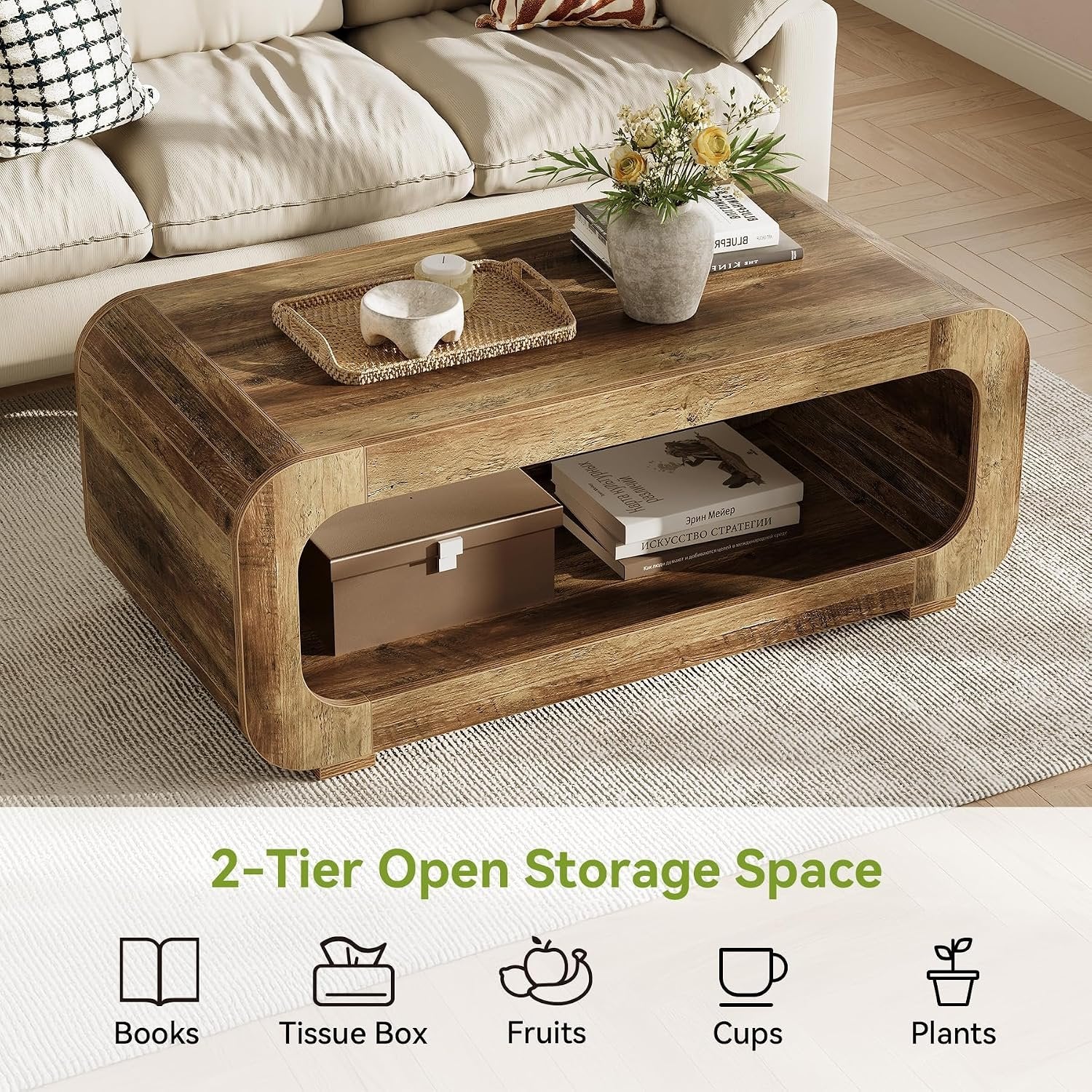 Tribesigns Mesa de centro de 120 cm con almacenamiento abierto, Mesa rectangular de madera para sala de estar