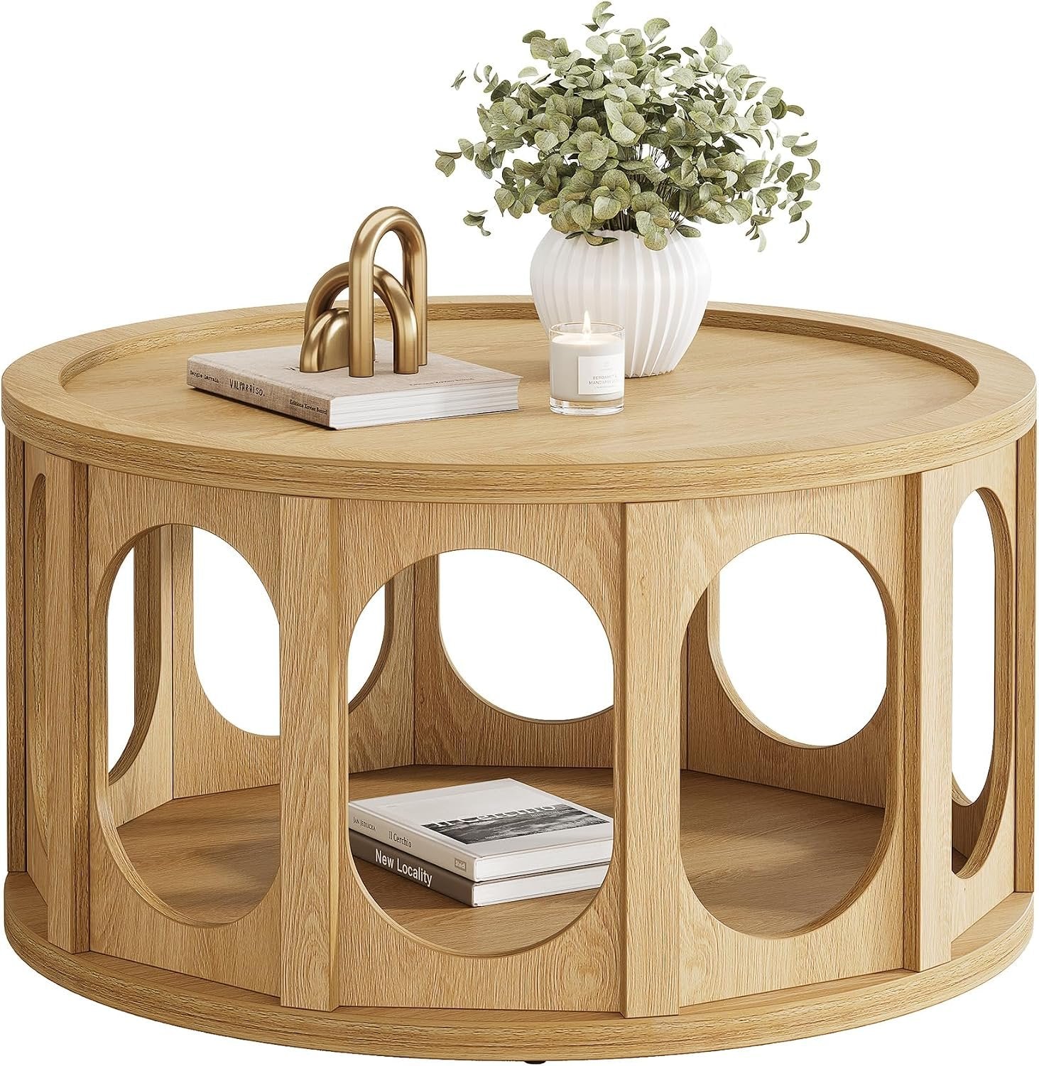 Tribesigns Mesa de centro redonda de 80 cm, Mesa de salón de 2 niveles con cueva para gatos y estante, diseño moderno, aspecto de roble, fácil montaje